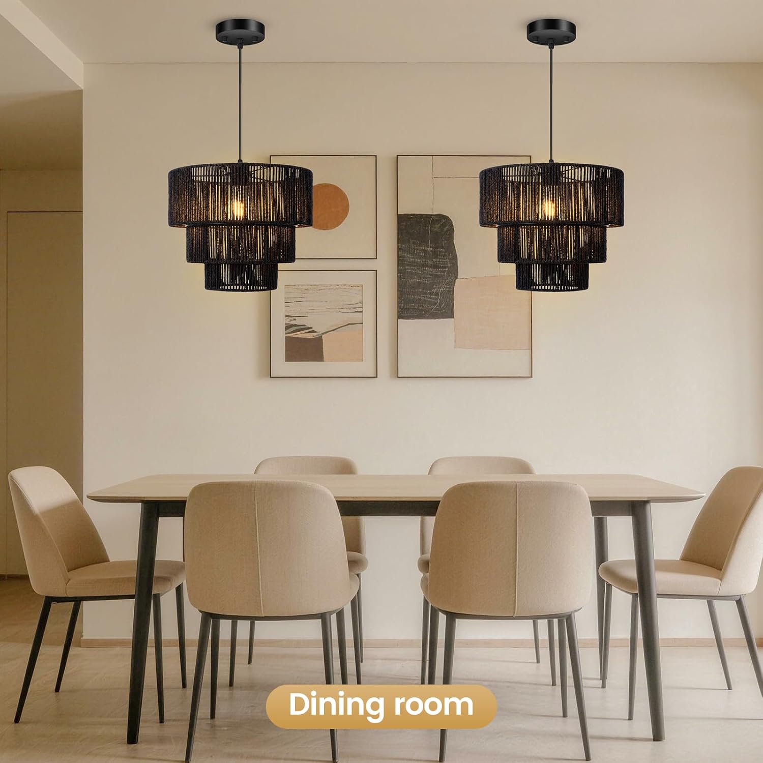 BoostArea Boho Rattan Chandelier Light,3-Tier Hand Woven Lampshade Ceiling Pendant Light Fixture,12.6” Farmhouse Chandelier Hanging Light for Living Room,Kitchen Island,Bedroom,Adjustable Cord,Black