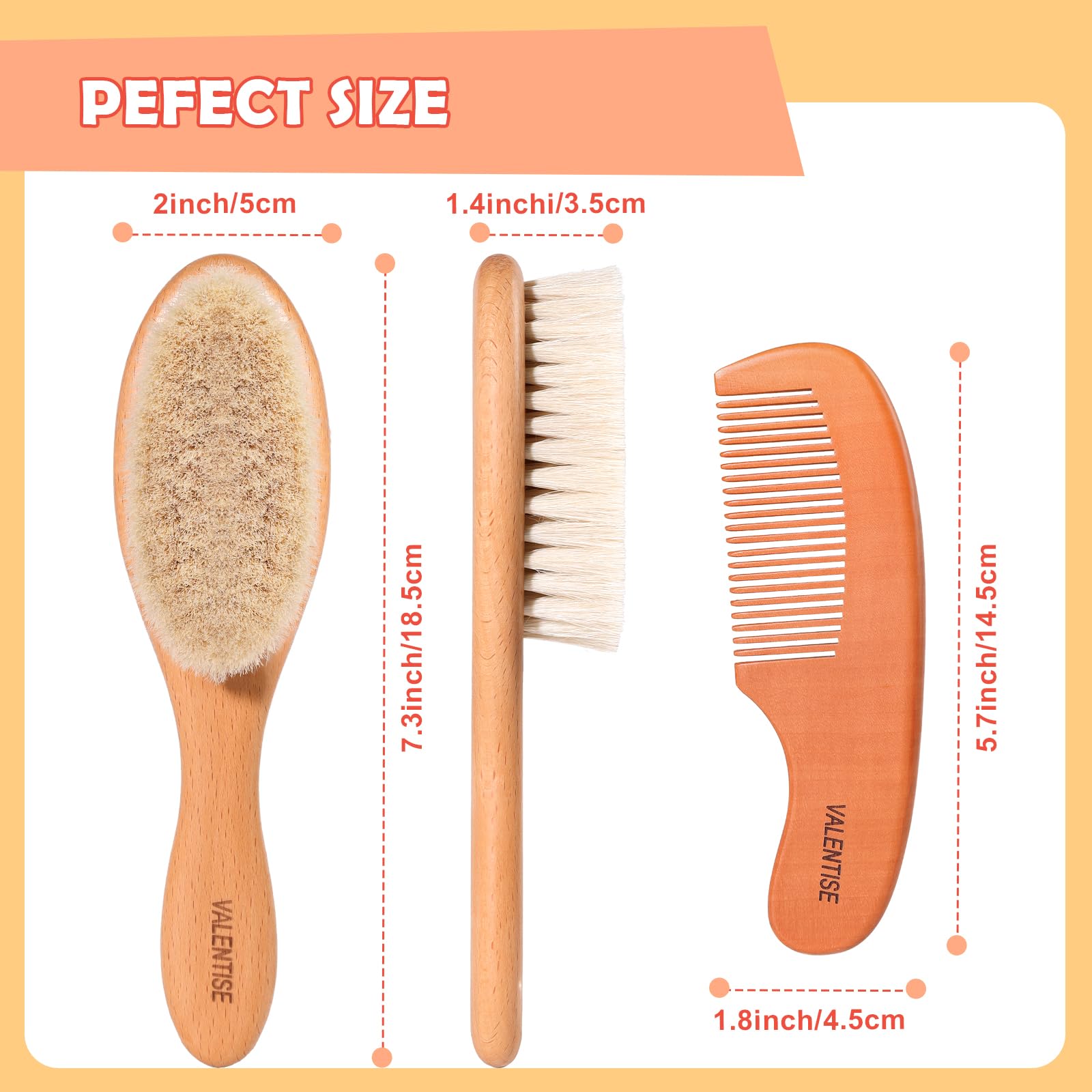 VALENTISE Baby Hair Bush and Comb Set,Baby Hair Brush with Soft Goat Bristle and Wood Comb Set,Wooden Baby Brush Set for Newborns & Toddlers,Good for Cradle Cap Brush