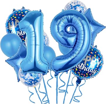 Balloons,11 pcs Foil Balloons 19 Year Old for 19th Birthday Party Supplies Decoration,Confetti Balloon Kids Party Balloons Birthday Party Supplies 19 Years Old Birthday Balloon for Kids 19th, Blue