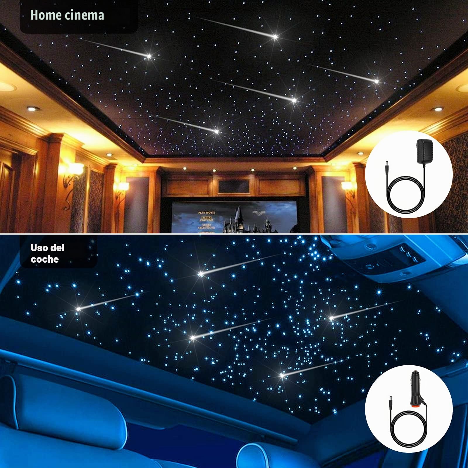 CHINLY Bluetooth Meteor 16W RGBW Twinkle APP LED Fibra óptica Star Techo Luces Kit APP Mixto 400pcs + 8pcs = 408pcs Fibra óptica de 3m + Motor de estrella fugaz + Adaptador + Hogar/Coche