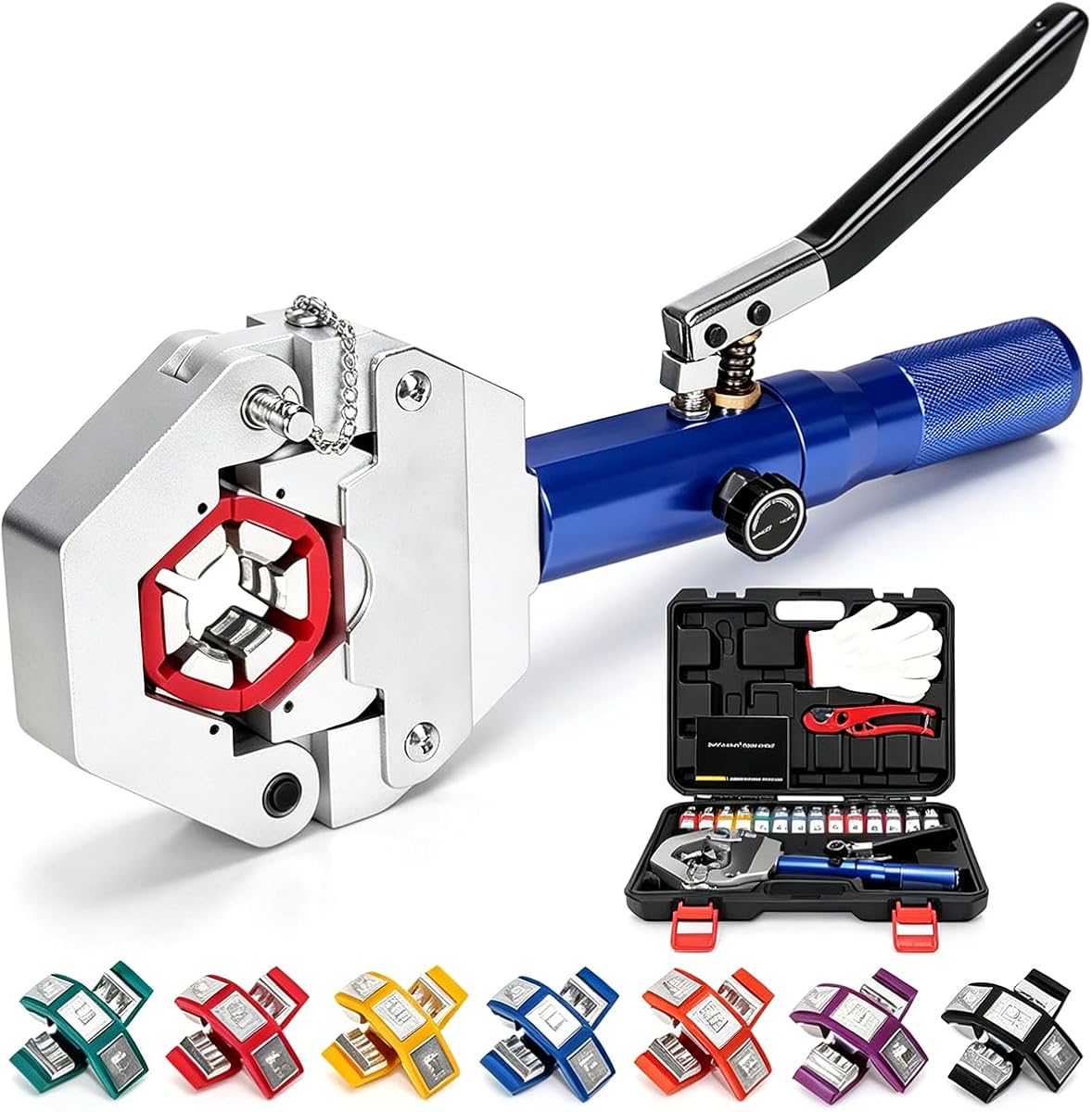 Hydraulic AC Hose Crimper Kit with 7 Snap-On Dies | Manual Handheld Tool for Automotive AC Line & Custom Hose Repair