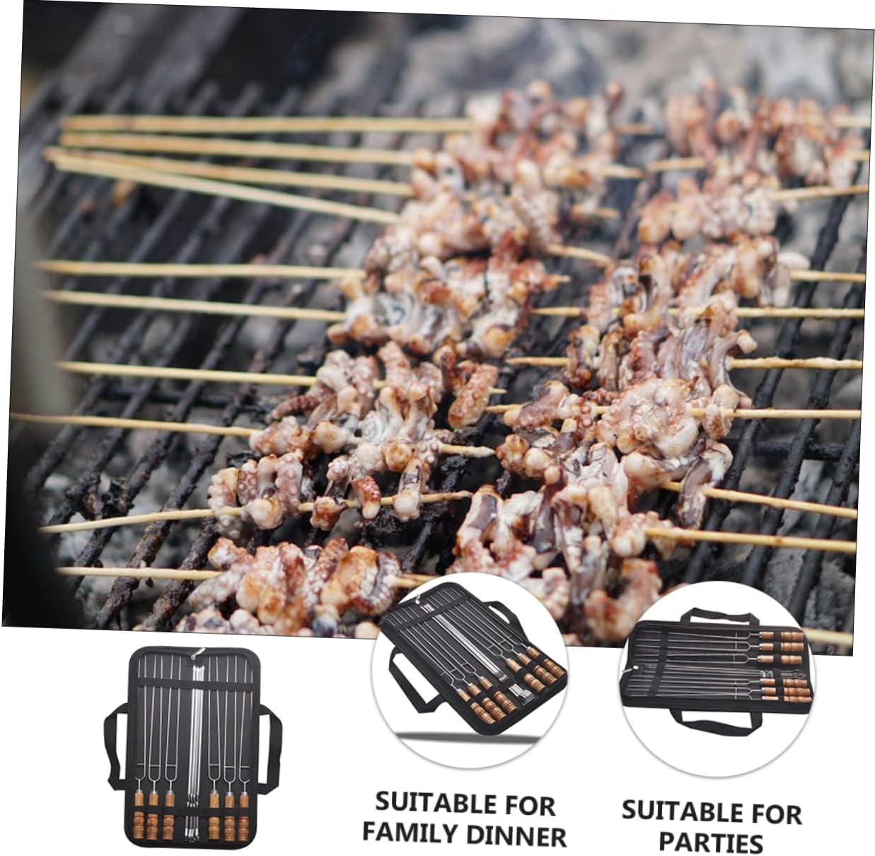 Generic 10Pcs Stainless Steel Bbq Skewers with Wood Handle Long Grill Sticks for Kabobs and Vegetables Heat Resistant Design for Safe Grilling Smooth Food Release for Outdoor Barbecue and