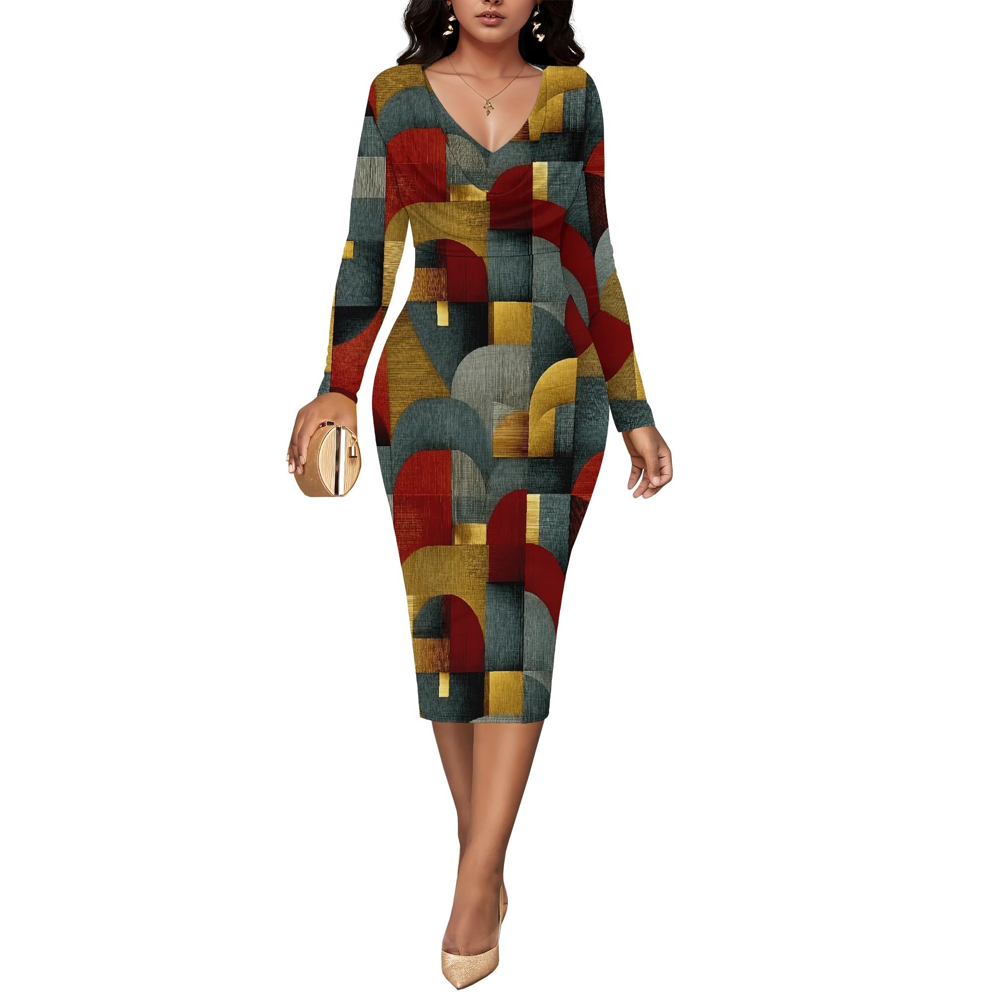 Long Sleeve Bodycon Drape V Neck Pencil Midi Dress Fashionable Slim Womens Casual Office Business Dresses for Women