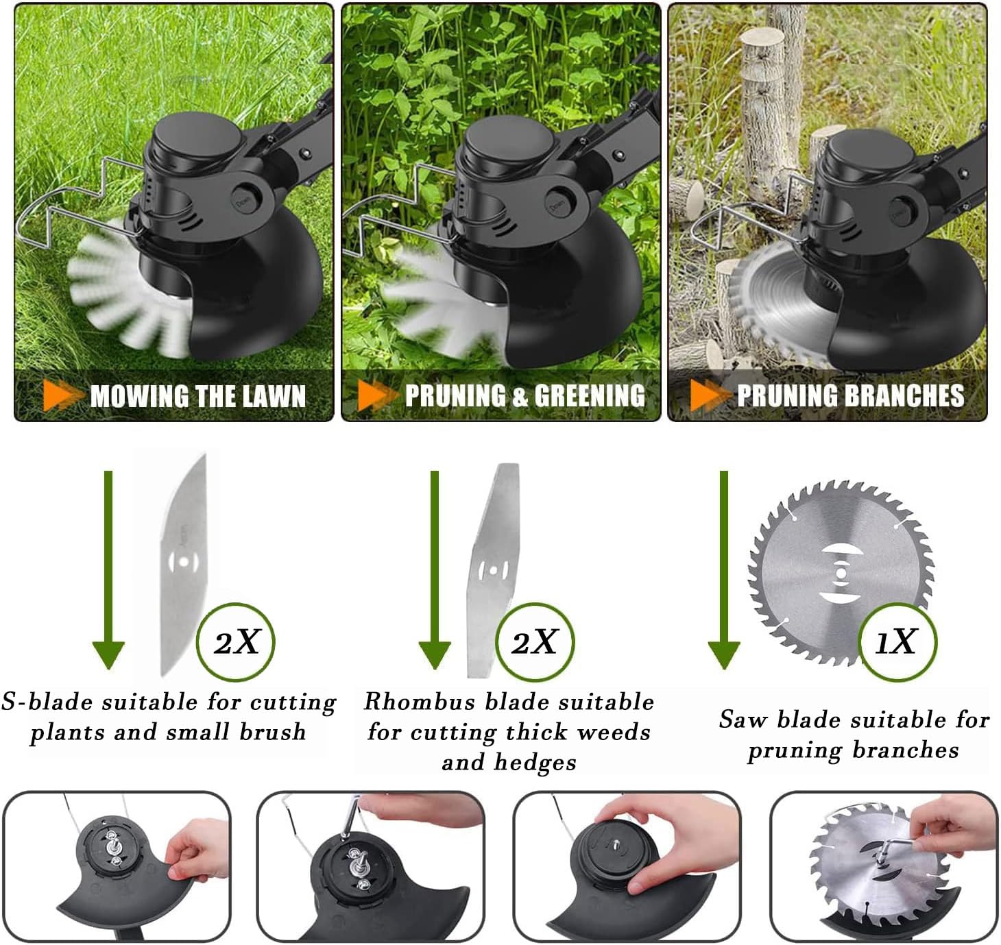 Cordless Wacker Weed, 21v/2Ah Weed Eater Battery Powered,Battery Wacker Weed with 3 Types Blades, Brush Cutter for Yard Garden