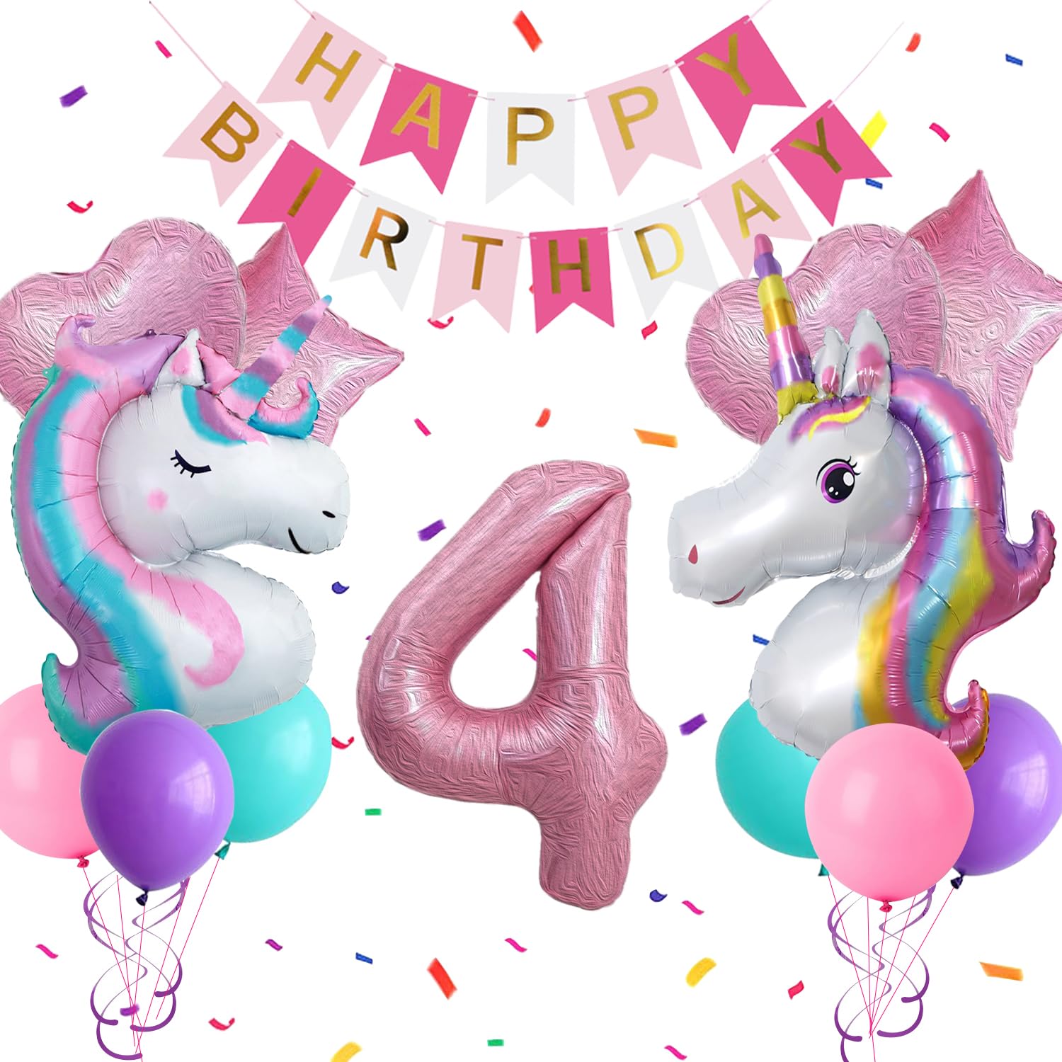 Yancan 4th Unicorn Birthday Decorations for Girls, 4 year old Girl Party Supplies with Happy Birthday Banner, Unicorn Balloons