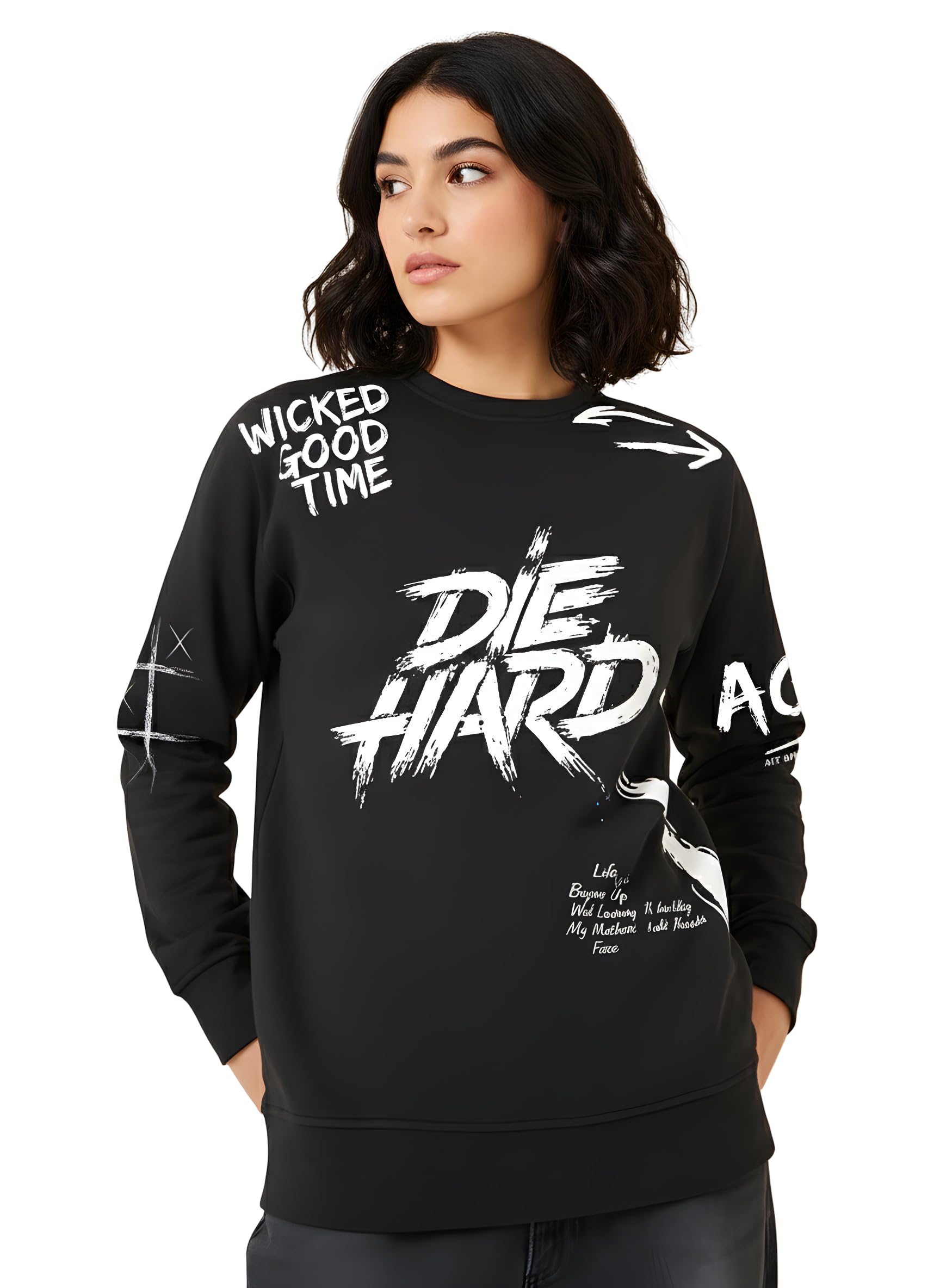Sweatshirt for Woman Die Hard Wicked Good Time Black Graphic Sweatshirt, Long Sleeve Crew Neck Pullover, Streetwear Fashion Statement-image-6