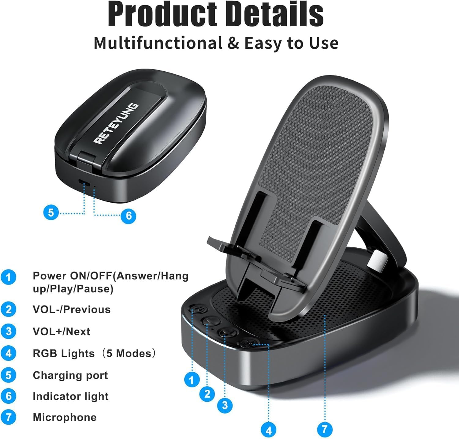 Gifts for Men Woman,Phone Stand with Wireless Bluetooth Speaker for Men with LED Atmosphere Light HD Surround Sound Speaker for Home,Office,Birthday,Anniversary,Compatible with iPhone/iPad Tablet - Image 3