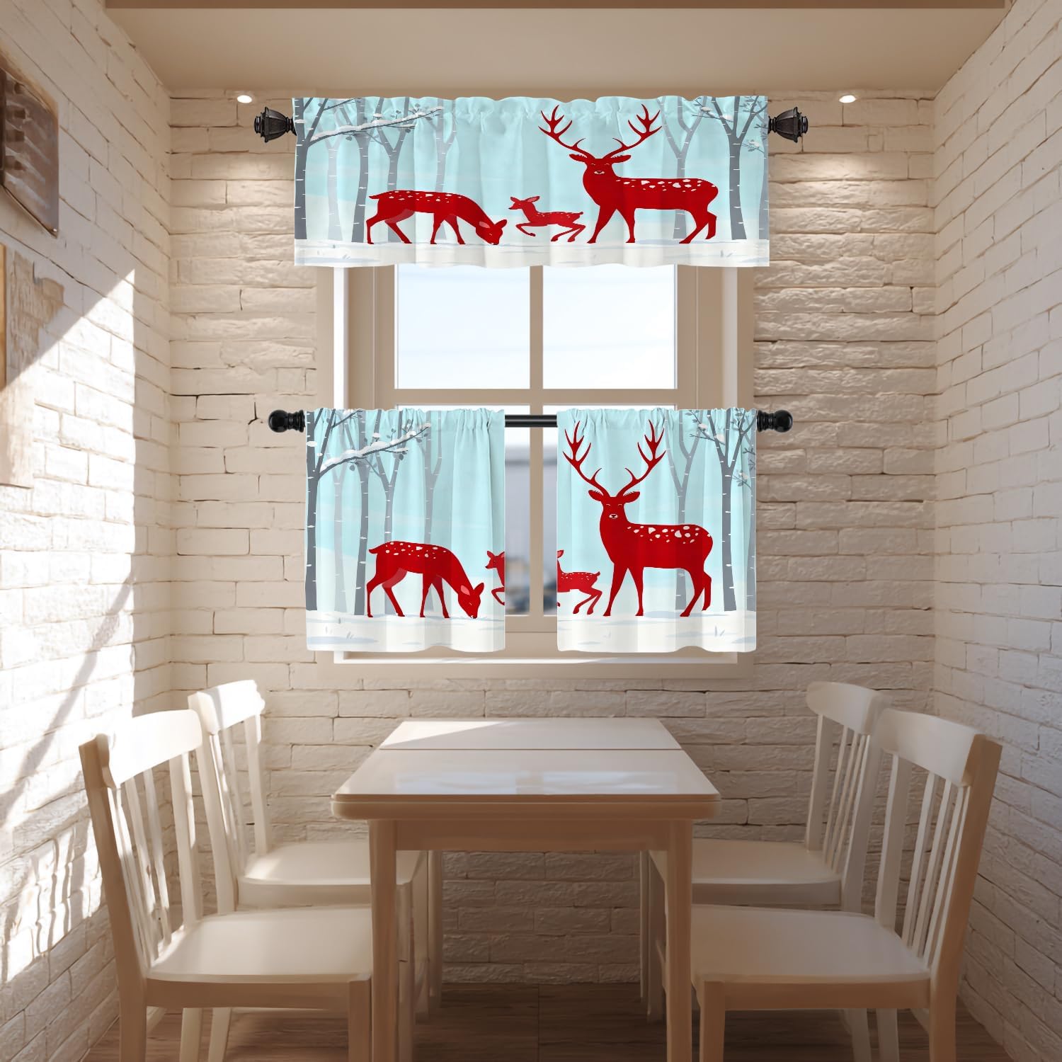 Red Festival Christmas Kitchen Valances for Windows,White Deers Blackout Valances Curtains Multilayer Polyester Drapes for Kitchen Bedroom 1 Pack 52X18 Inches