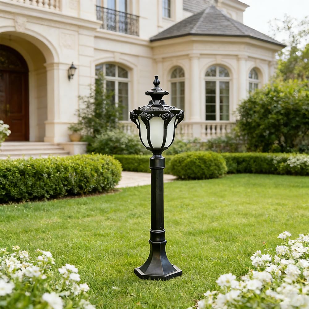 Garden Outdoor Pathway Bollard Lawn Light E27 Black Post Light Weatherproof Assurance IP65 Column Lamp Aluminum Metal Glass for Garden Trails Pathways Streetlight Driveway Villa Patios Floor (B)