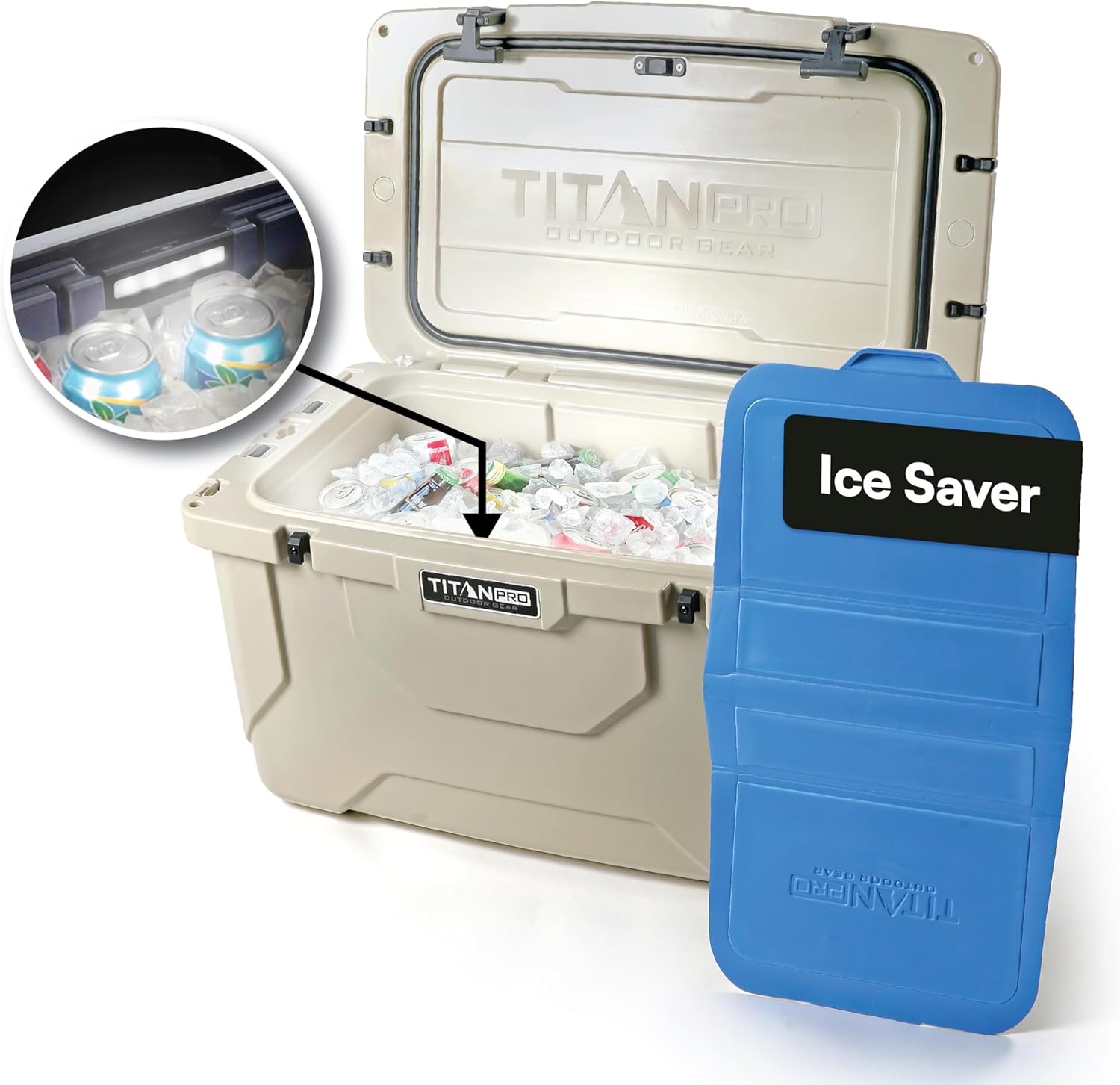 Titan PRO High Performance Ice Chest - 55 Quart Capacity - Hard Cooler with Interior LED Light, Dry Bin, Ice Saver Performance Booster and Microban Protection - Driftwood Tan