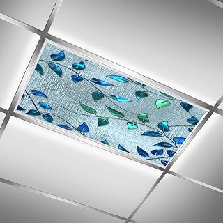 Drop Ceiling Light Covering Insert 4' x 2' feet (Silver Stained Glass Green Retro Leaves)-Fluorescent Light Cover Reduce Glare Flicker - Office Classroom Hospital Home Kindergarten Clinics Decorations