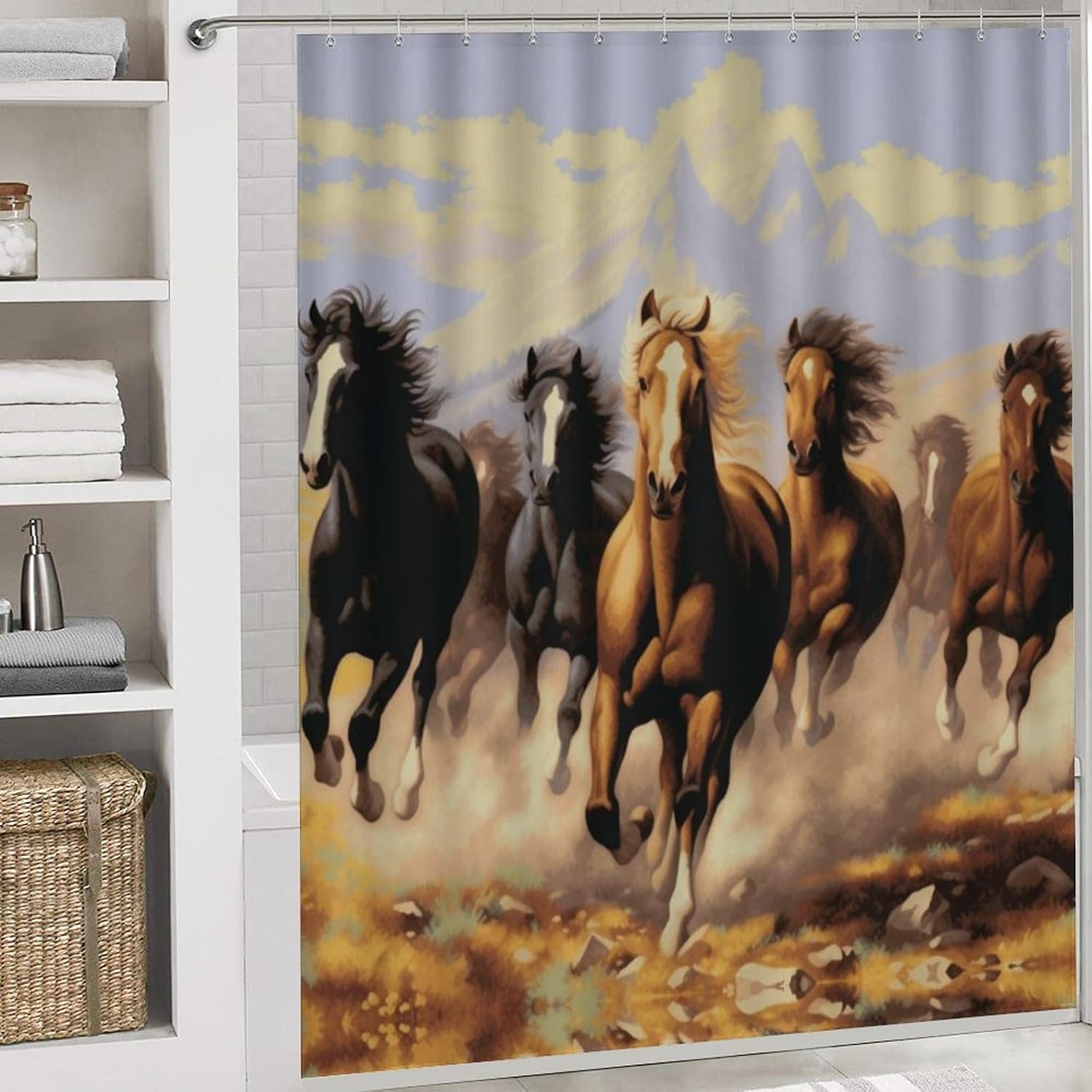 Western Galloping Horse 4 Pcs Bathroom Shower Curtain Set,Bathroom Sets with Rugs (Bath Mat,U Shape and Toilet Lid Cover Mat), Bathroom Decor Set