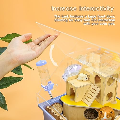 Miniatura 3 de RunDuck Jaula acrílica para hámster con patas de madera, casa, rueda de ejercicio, visualización libre de 360 y puerta frontal que se puede abrir,