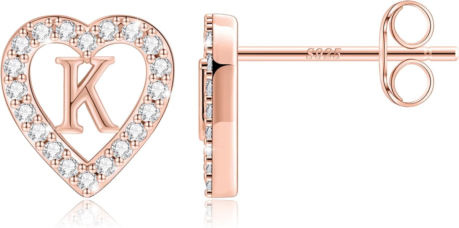Anoup Heart Initial Earrings for Girls Gifts - S925 Sterling Silver Post CZ Hypoallergenic Stud Initial Earrings for Women Teen Girls Birthday Gifts for Kids Jewelry