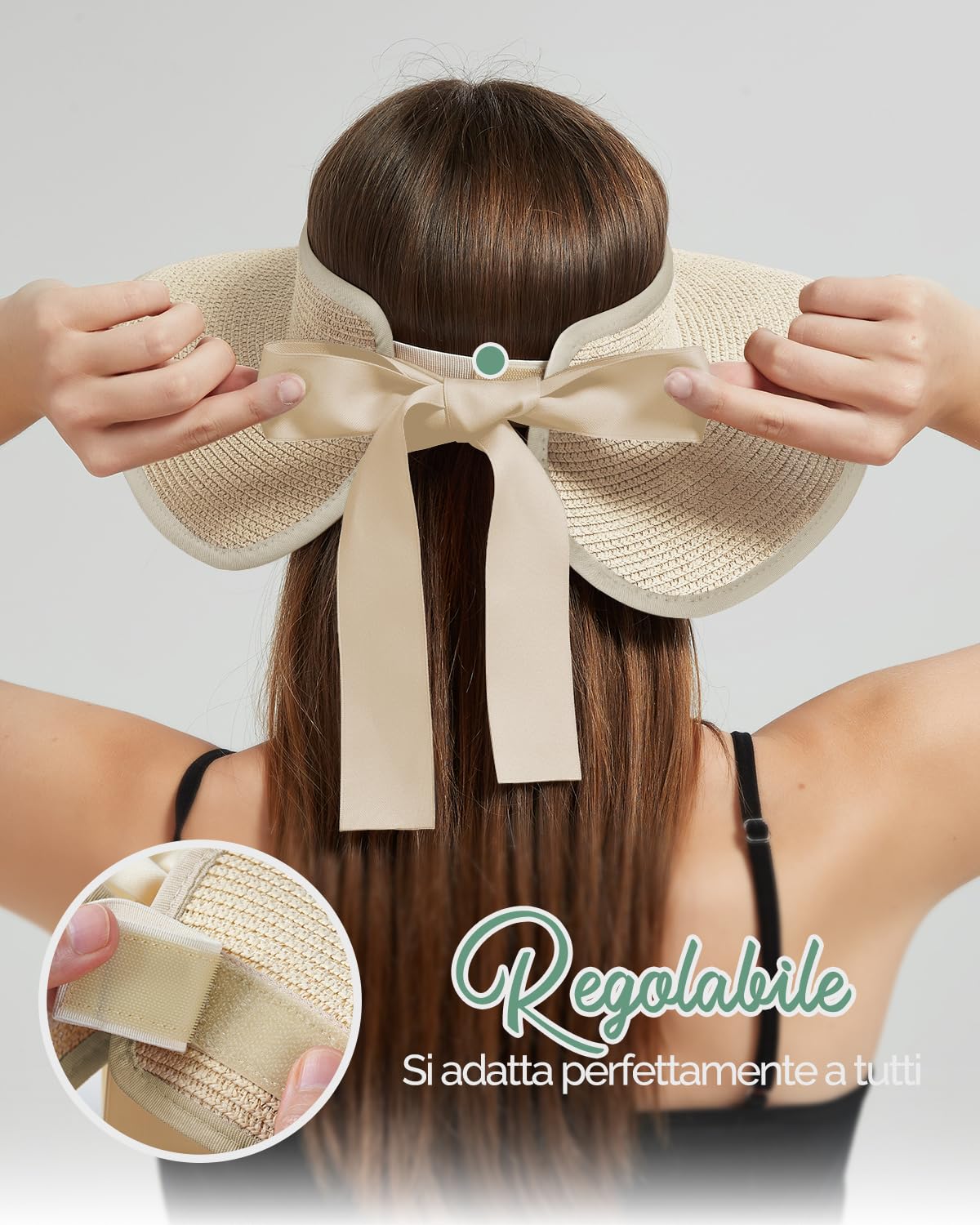 Creekstone Cappelli da donna con visiera in paglia a tesa larga, protezione UV, ripiegabile, cappello estivo da spiaggia, coda di cavallo, da viaggio, UPF 50+