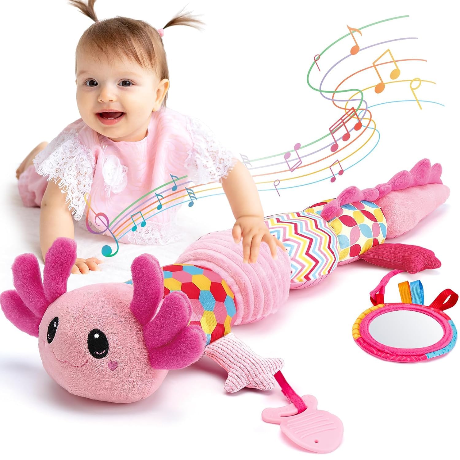 hahaland Baby Spielzeug 0 3 6 Monate, Axolotl Musikspielzeug | Rassel, Beißring, Spiegel, Lineal, Baby Mädchen Neugeborene Geschenk, Tummy Time Toy, Montessori Sensorik Spielzeug