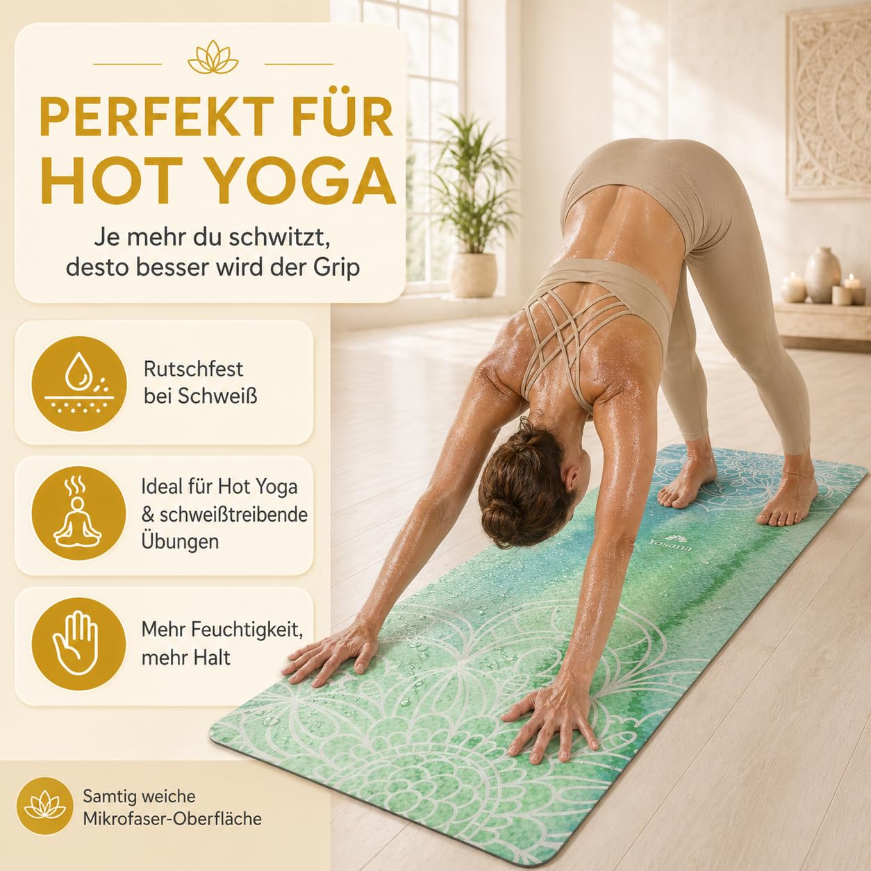 Yogamatte aus Naturkautschuk I Hot Yoga Mikrofaser Matte I Bikram Yogamatte Maschinenwaschbar I Ying Yoga Matte I Yogatuch und Matte in einem I feucht besonders rutschfest I 183 x 68 cm I 4mm