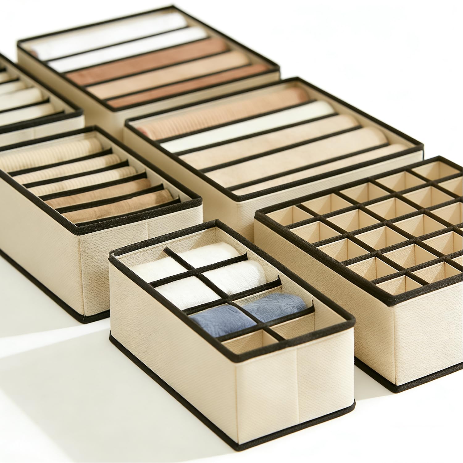 Evance 6pcs Organizer per Biancheria Intima, 6/7/8/24 Compartimenti, 58 Compartimenti In Totale, Organizzatore per Cassetti Armadio per Reggiseni,Mutande,Calzini,Cintura,Cravatta