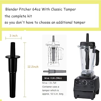 Replacement for Vitamix Blender Pitcher 64 oz. Classic Tamper Included Replace containers such as 5200 5000 7500 Pro500 Vita-Prep Vm0101 Vm0102 Vm0103 Vm0197 E310 320 Explorian/Commercial Series 10