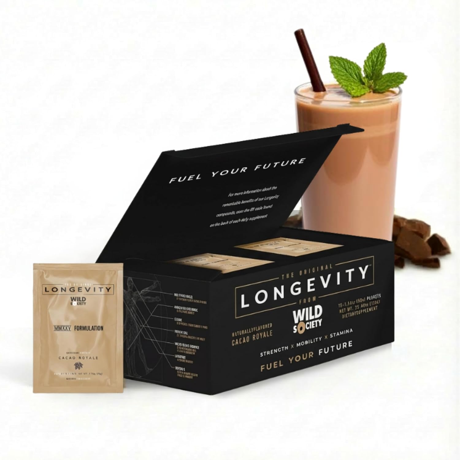 WILD SOCIETY Longevity Shake - Anti Aging Supplement - Protein Powder for Muscle Retention & Recovery, with Whey Isolate, Collagen & Creatine | Cacao Royale, 15 Servings