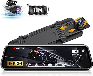 【2023 Newest】 4K Mirror Dash Cam Front and Rear Camera with 10" IPS Full Touch Screen, Rearview Mirror Dash Camera with Super Night Vision with WDR IP69 Waterproor Backup Camera 10M Cable