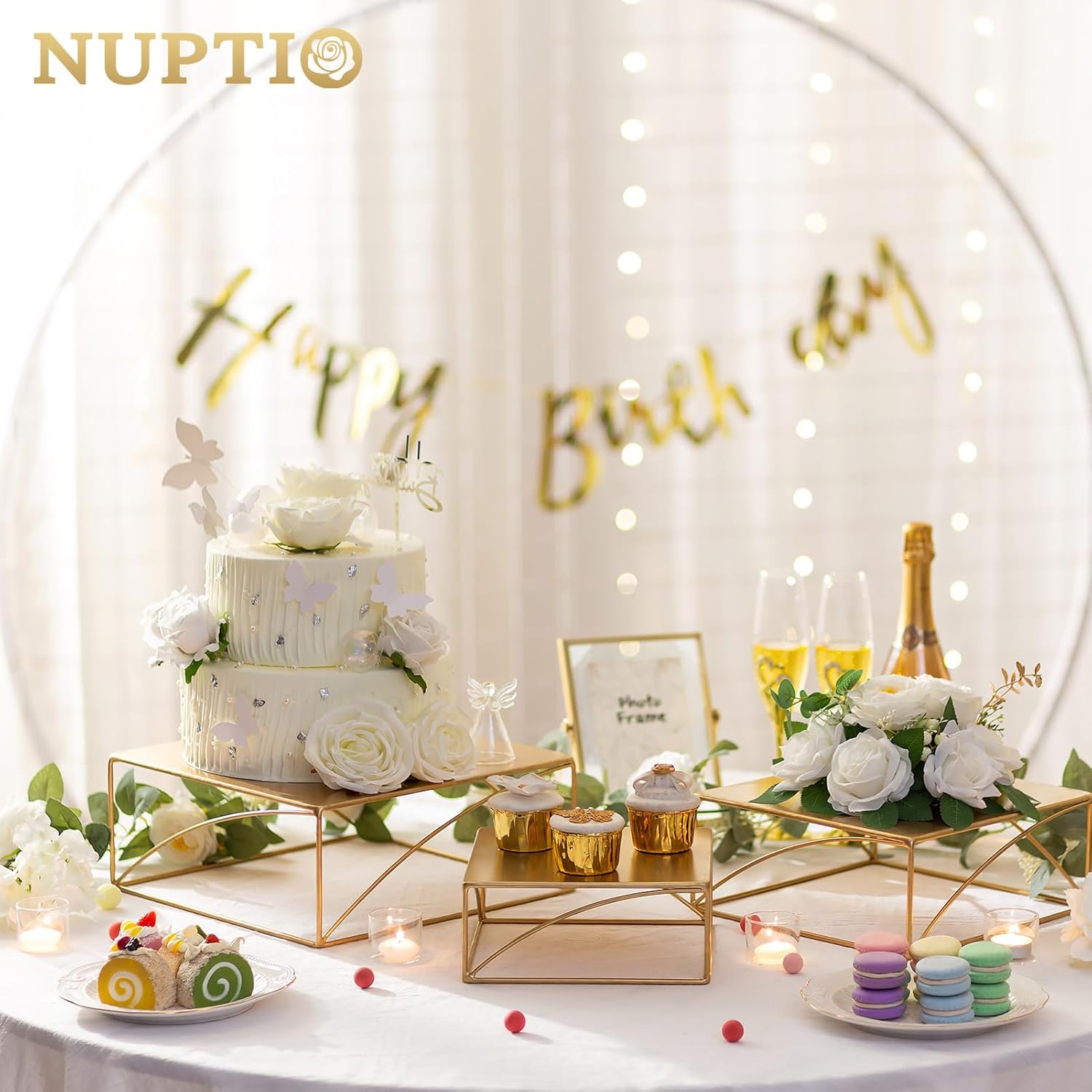 NUPTIO Cake Stand Dessert Display: Gold Cupcake Stands Set of 3 Metal Food Risers for Buffet Table Pedestal Serving Tray for Wedding Anniversary Reception Ceremony Modern Plant Stand 8 10 12 Inch
