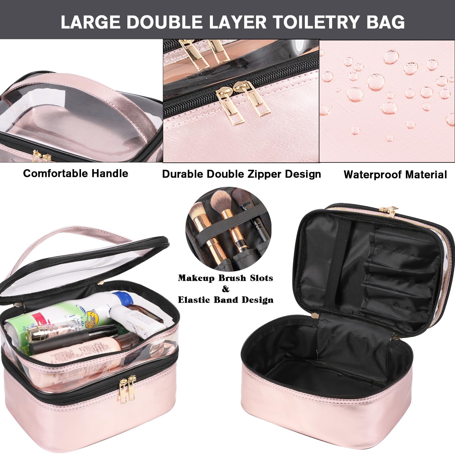 FITINI Makeup Bags Double Layer Travel Storage Cosmetic Cases Make-up Organizer Toiletry Bags Water-resistant Vegan Leather for Women Makeup Brush Bag,Gradient Purple - Image 4