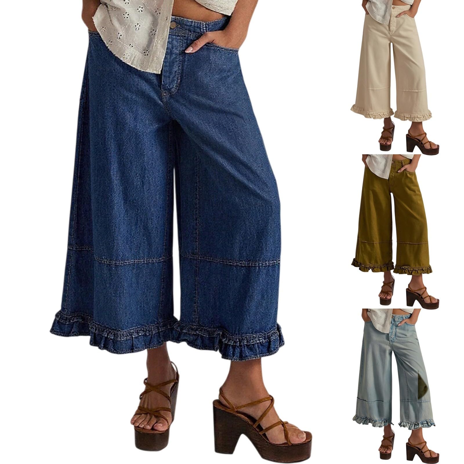 Generisch Pantalones vaqueros para mujer, pierna ancha, 7/8, volantes, pantalones casuales, holgados, con goma elástica y bolsillos, pantalones palazzo para adolescentes, niñas, pantalones de