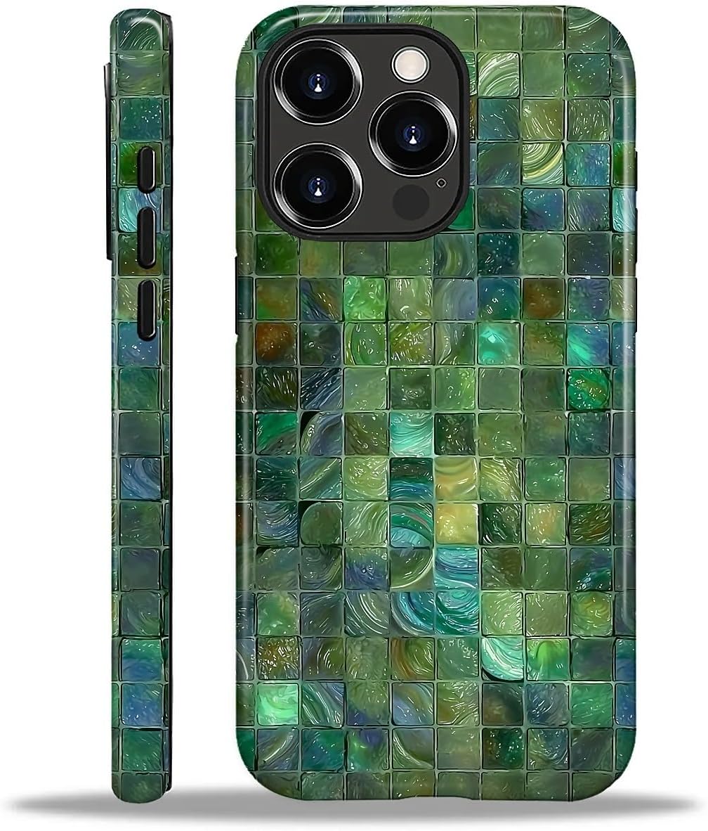 Case for iPhone 16 Pro Case,Green Toned Glass Mosaic Patten Design - Hybrid Dual Protection Silicone + Hard PC Shockproof Full Body Cover Slim Anti-Scratch Protective Case for Men Women