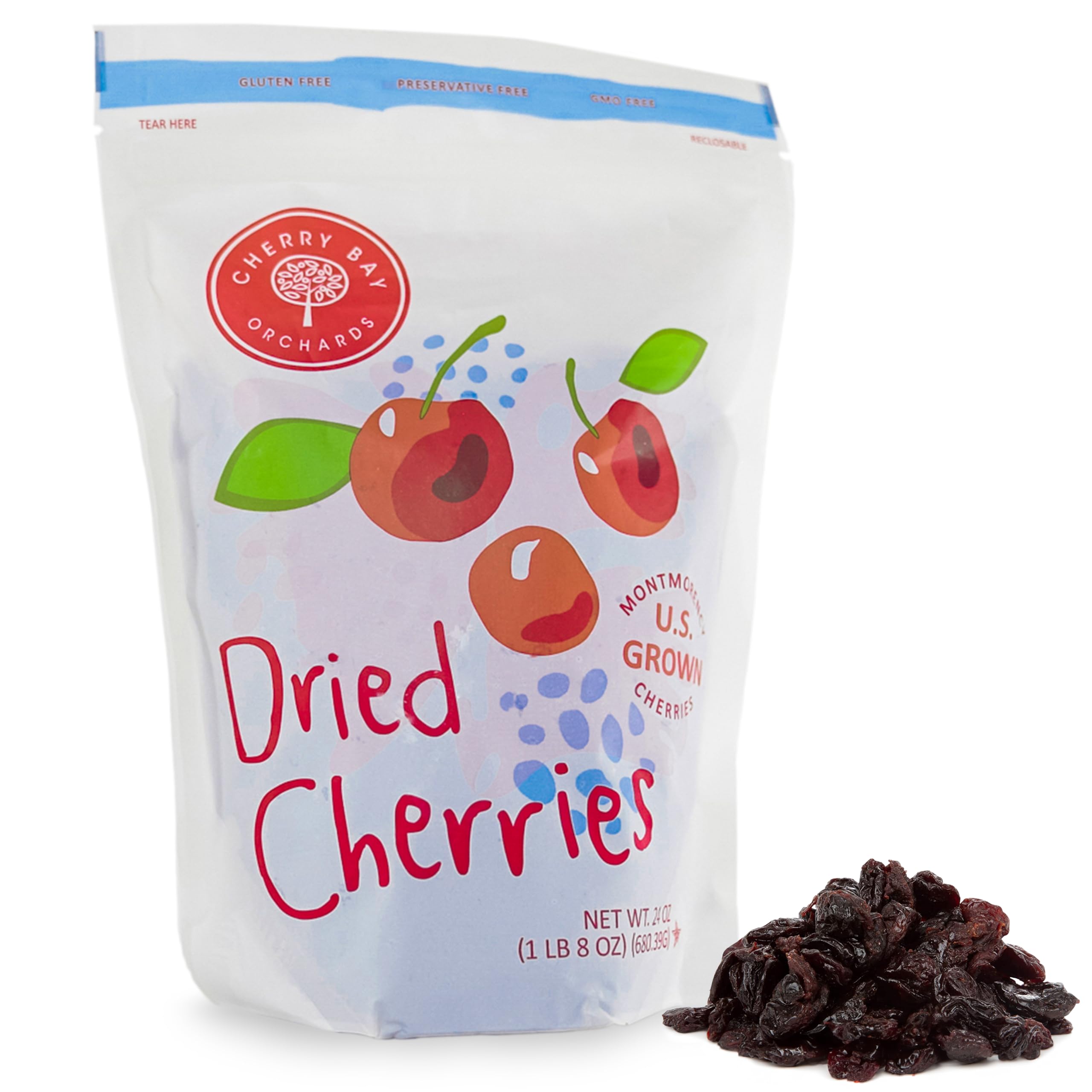 Cherry Bay Orchards - Dried Montmorency Tart Cherries - (Pack of 8 - 24oz Bags) - 100% Domestic, Natural, Kosher Certified, Gluten-Free, and GMO Free