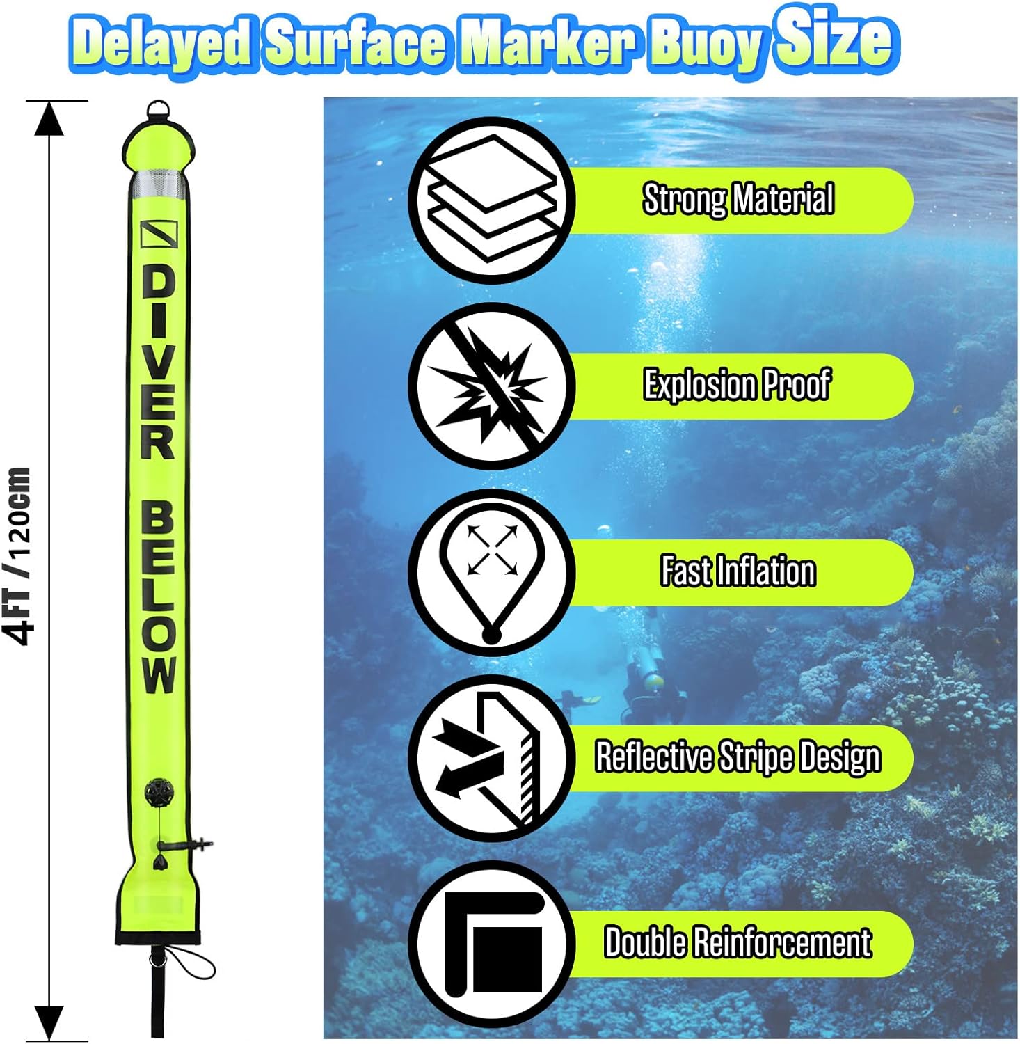 4FT High Visible Diving Surface Marker Buoy (SMB) Inflatable Scuba Signal Tube with Reflective Strip + Diving Gear Bag Carry Mesh Storage Pocket