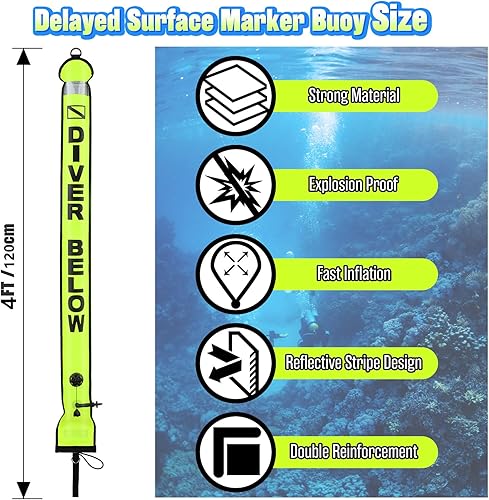 Miniatura 7 de High Visible Diving Surface Marker Buoy (SMB), Inflatable Scuba Signal Tube with Reflective Strip & Dive Flag, Freediving Safety Sausage Marker Buoy