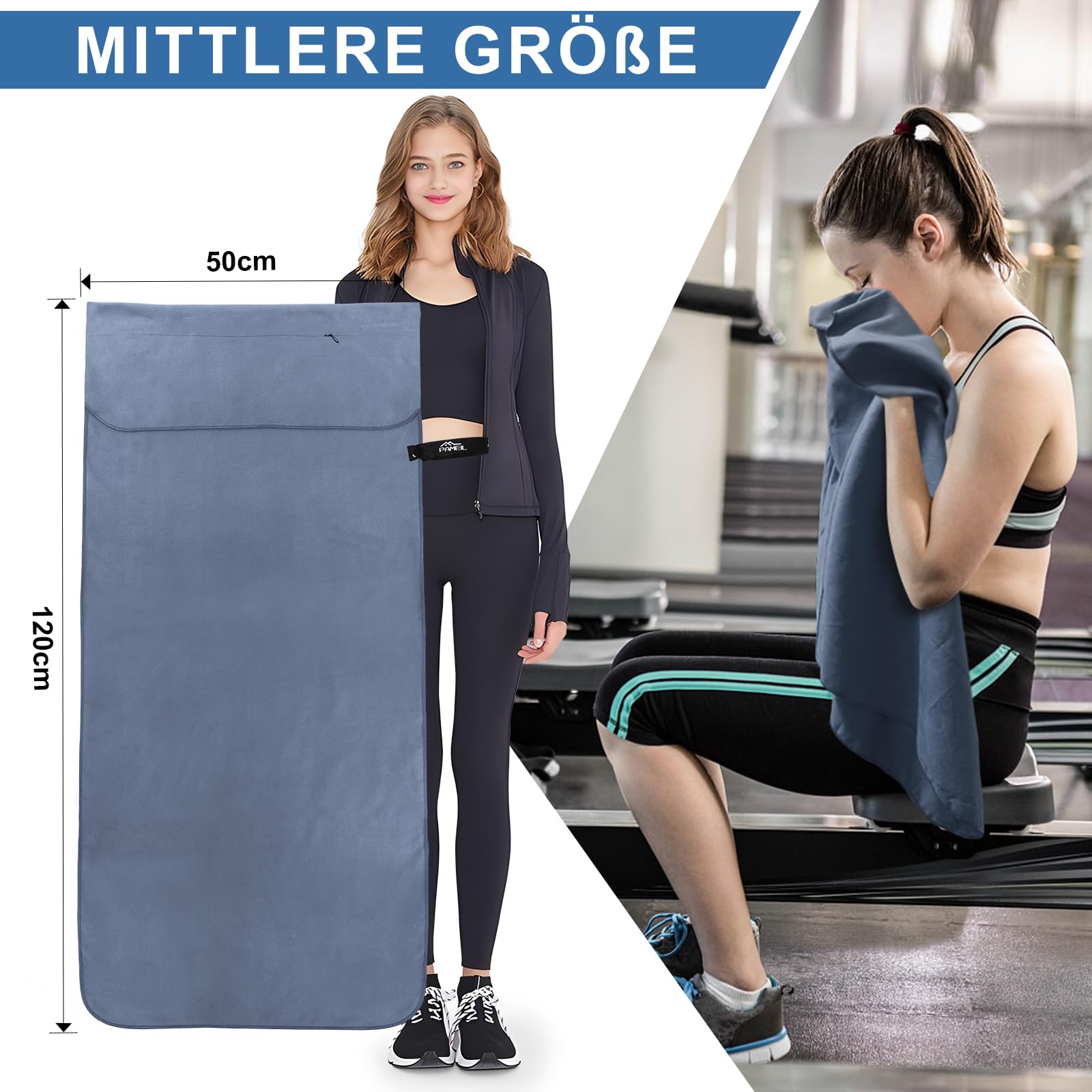 Pameil Asciugamano fitness |120 x 50 cm | Asciugamano da palestra in microfibra con tasca con chiusura lampo, compatto e ad asciugatura rapida – Asciugamano sportivo da palestra (blu navy)