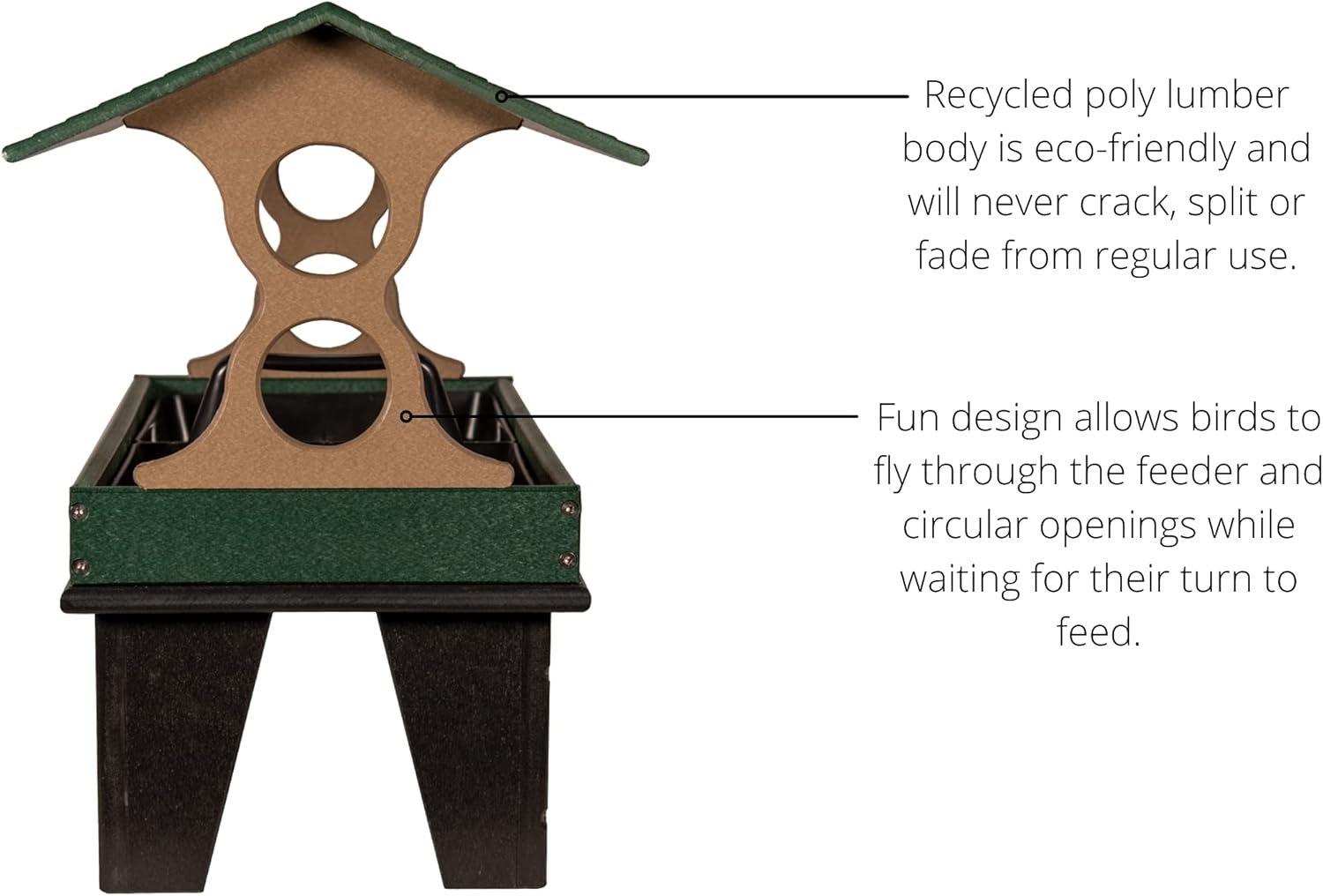 JCs Wildlife Large Ground Fly Thru Bird Feeder - Holds 8 Cups of Seed - Removable Tray for Easy Cleaning - Covered Platform Feeder - Green and Tan