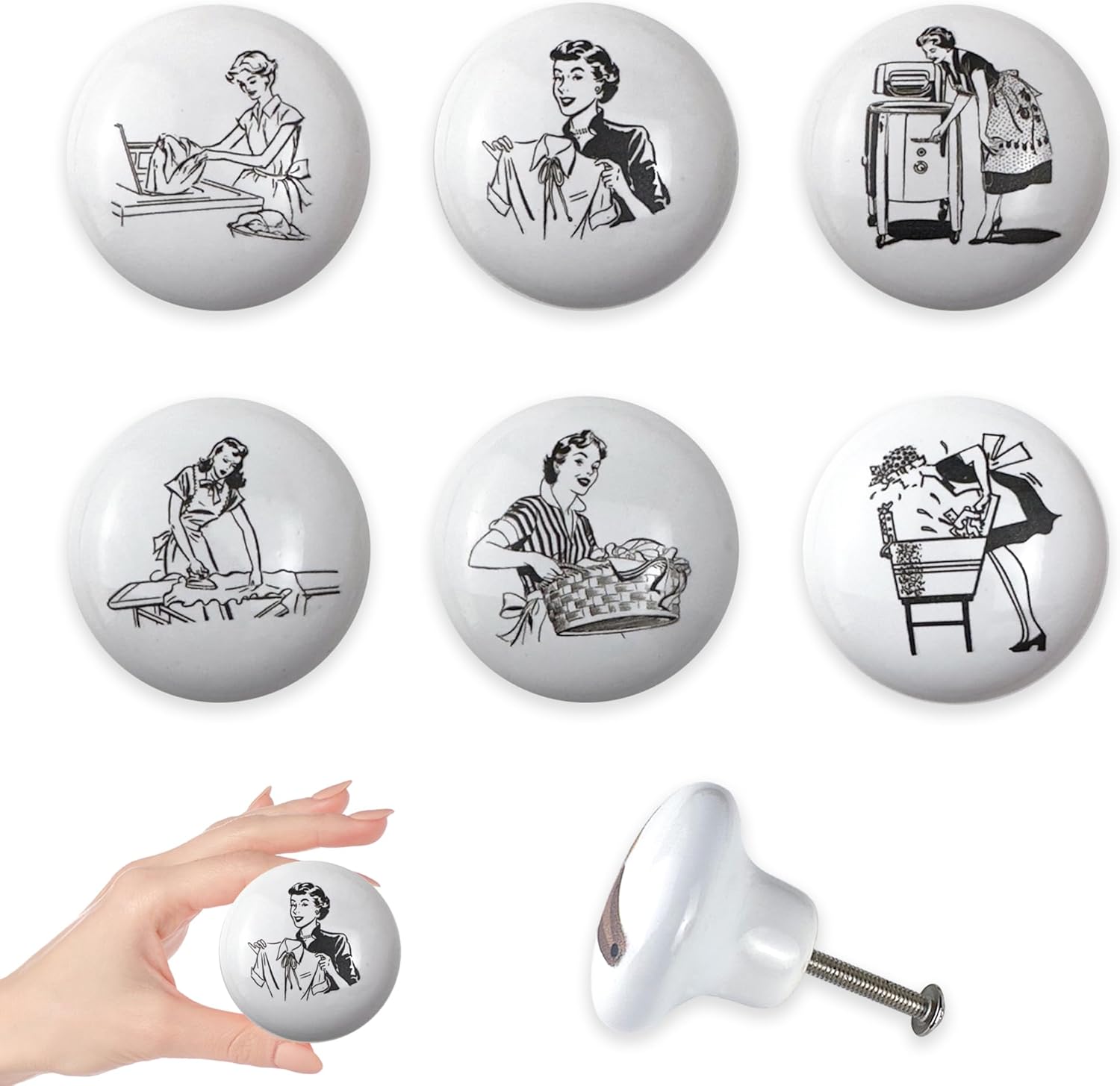Set of 6 Vintage Washtub Laundry Room Drawer Knob Ceramic Cabinet Furniture Knobs Handle Decoration and Pulls 1.5 X 1.5 Inches