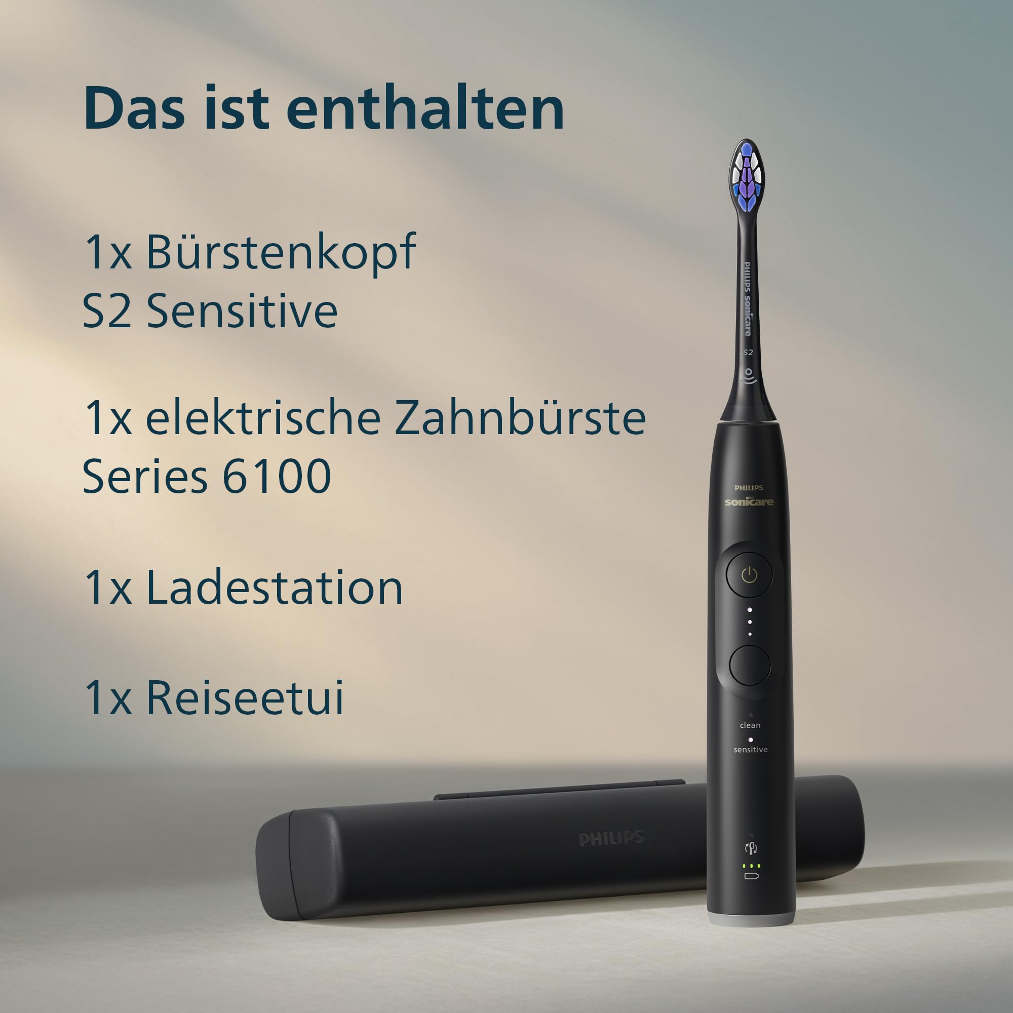 Philips Sonicare Series 6100 Elektrische Zahnbürste – Technologie der nächsten Generation, Drucksensor, 6 Putzeinstellungen, SmarTimer, BrushPacer, 21 Tage Laufzeit, Reiseetui, Schwarz, HX7401/12