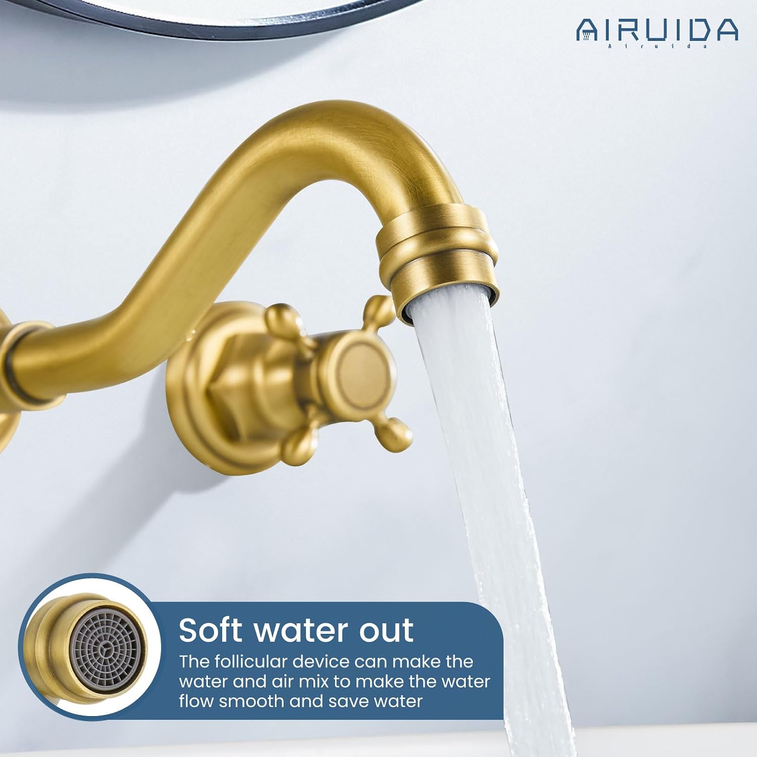 Airuida Wall Mount Bathroom Faucet Widespread Wall Mounted Bathroom Sink Faucet 360 Swivel Spout 2 Cross Knobs 3 Holes Lavatory Basin Sink Mixing Faucet with Brass Rough in Valve Antique Brass