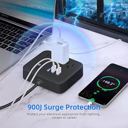 Miniatura 7 de Regleta de alimentación con protección contra sobretensiones, puertos USB, estación de carga de escritorio, enchufe plano, montaje en pared, cable