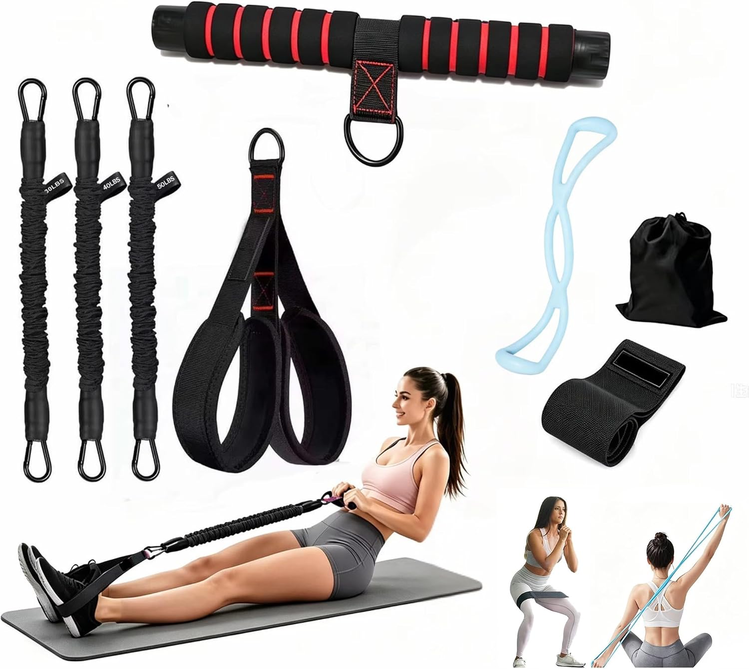 Pedal Resistance Bands with Handle – Adjustable Foot Exercise Bands (30/40/50LB) with Figure 8 & Booty Band – Home Workout Equipment for Strength Training, Pilates, Abs, Legs & Core