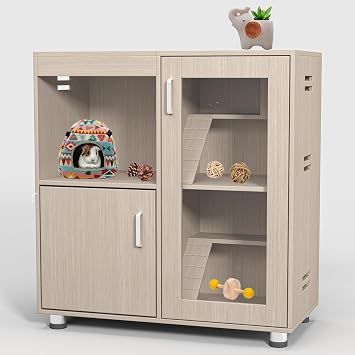 4-Tier Deluxe XL Wooden Hamster Cage with Storage Cabinet, Openable Top, Acrylic Windows, Hideout Compartments Perfect for Guinea Pigs, Hamsters, Chinchillas & Rats Wood