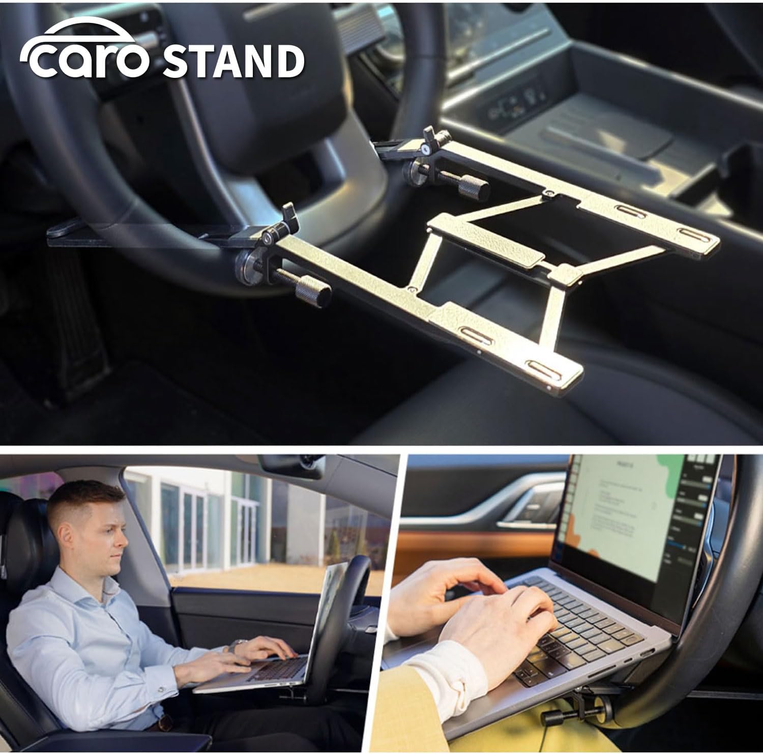Caro Stand & Table Car Laptop Desk, Steering Wheel Tray with Foldable Laptop Stand, Fits 11-18 Inch Laptops, Tablet, Dual Monitors, Mobile Office