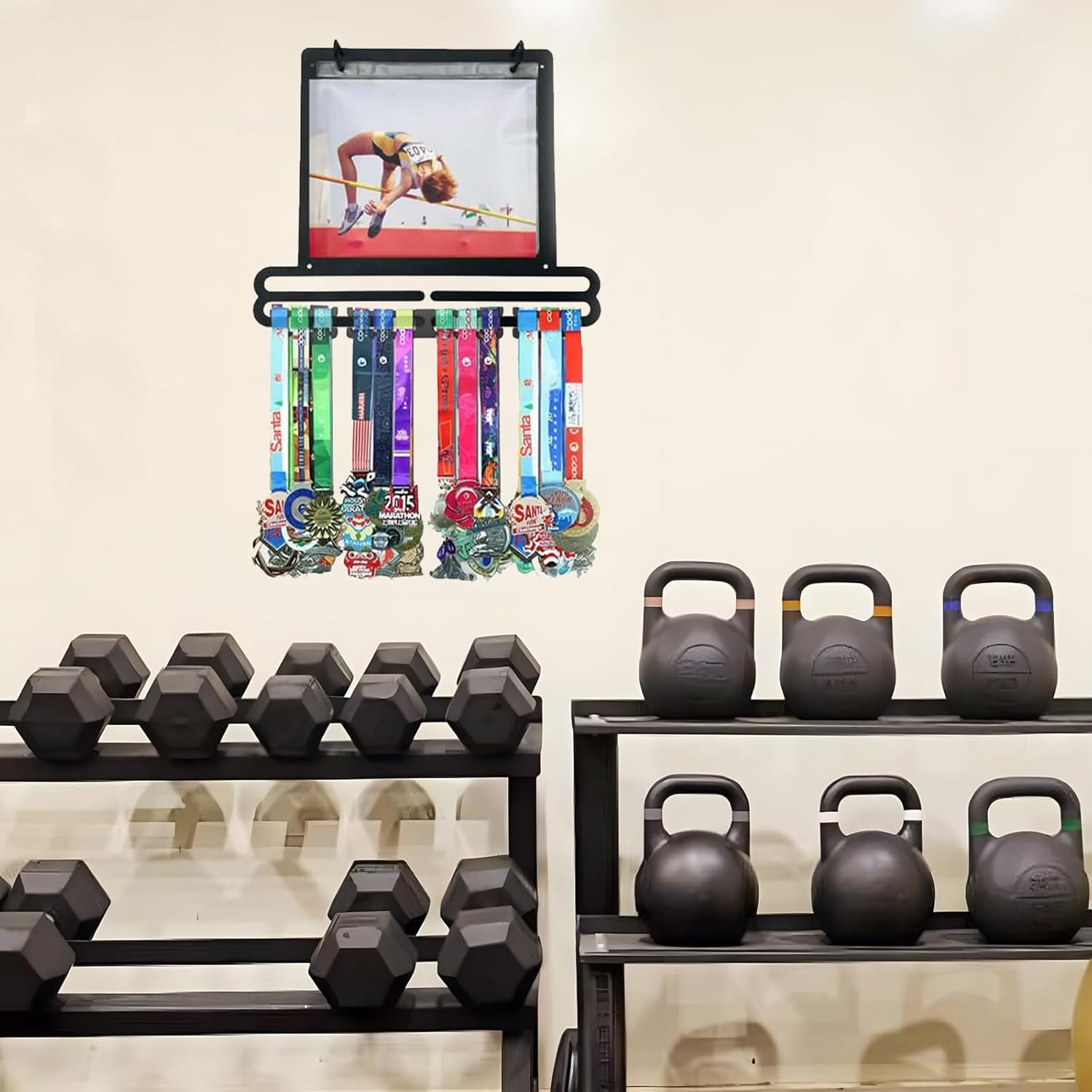 Medal Hanger Display for Runner Marathon Medal Rack Medal Hanger Running Bib and Medal Holder Over 60 Medals and Comes ​with 10 Flip Pouches