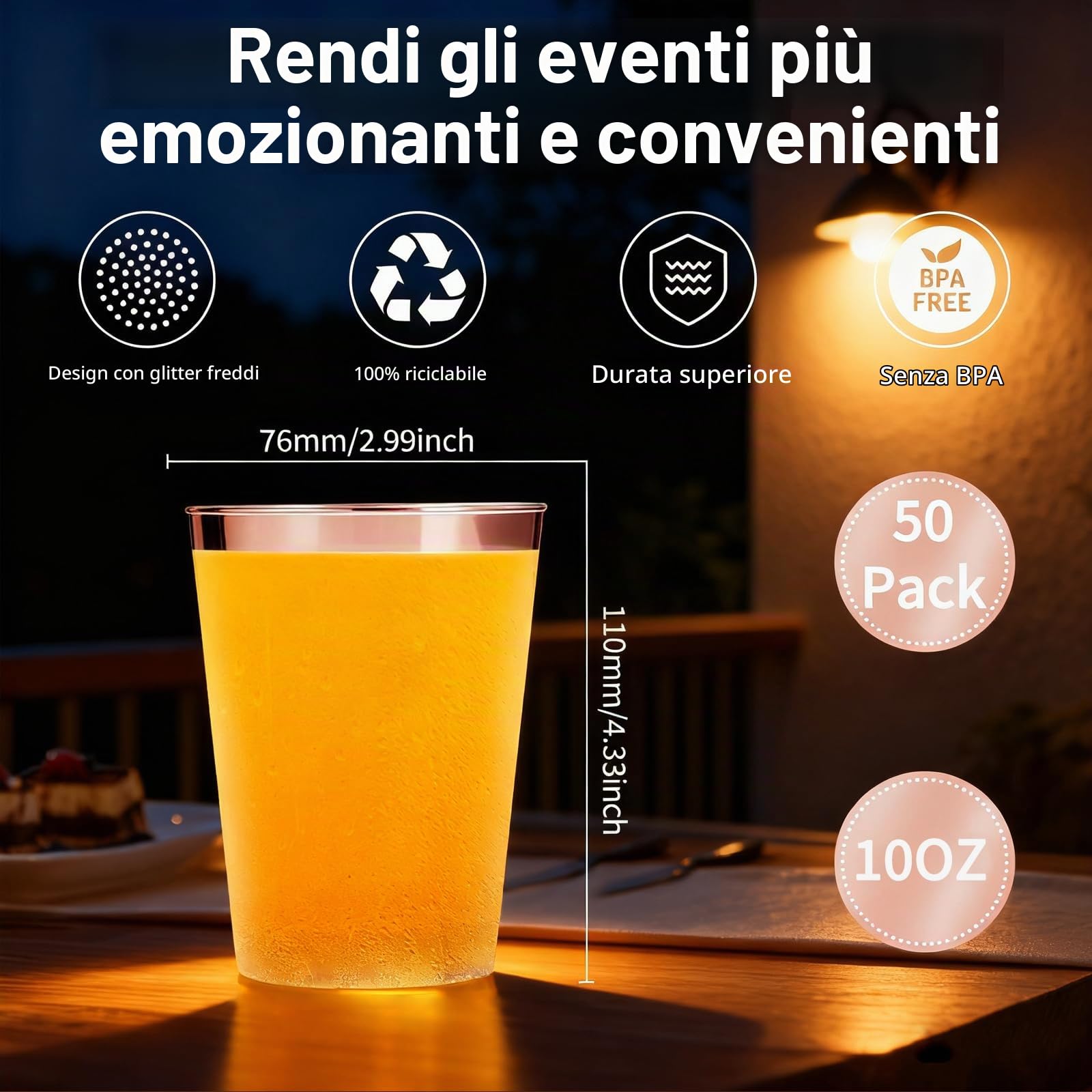 Auauraintt 50 Bicchieri Di Plastica Con Rivestimento lucido metallizzato, 280 ml, In PS, Riutilizzabili, Eleganti Bicchieri Da Vino Per Champagne e Birra, Cocktail, Martini, Soda Dessert (Oro rosa)