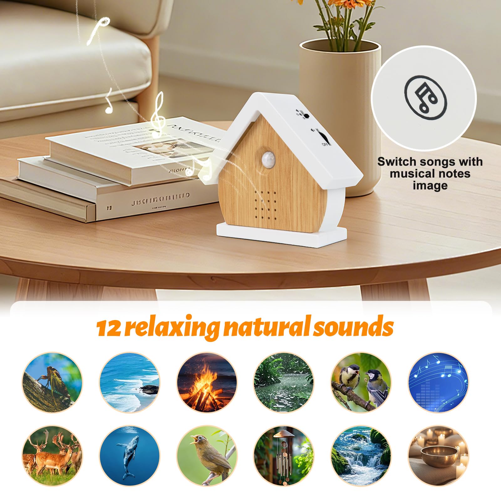 Natürliche Klangbox mit Bewegungssensor: 12 Naturgeräusche wie Vögel & Regen für Entspannung, Schlaf & Fokus. Inkl. Timer, Saugnapf + gratis Klettband zur flexiblen Montage.