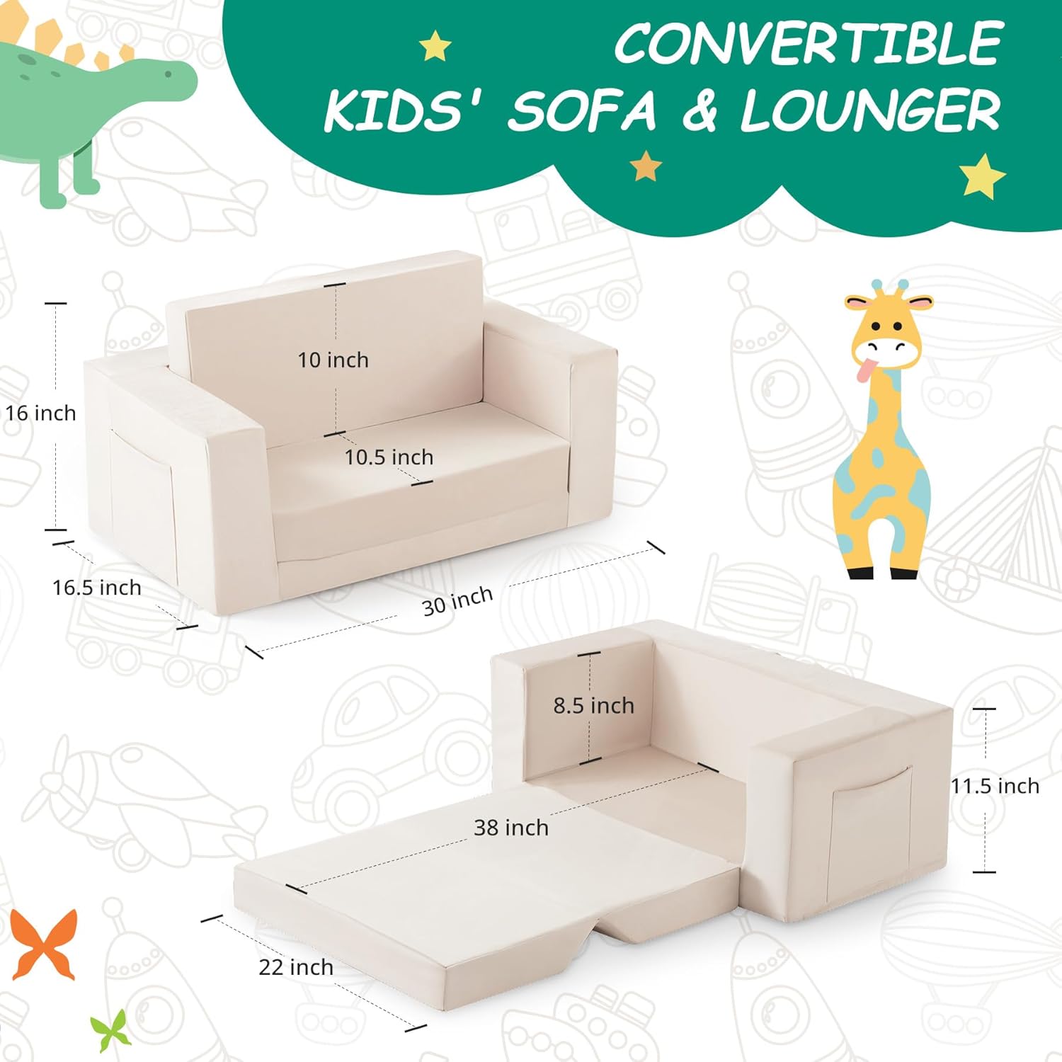 Kids Couch, 2-in-1 Toddler Chair Comfy 1-3 Years, Convertible Kids Chair, Toddler Couch That Fold Out, Kid Lounge Chairs for Boys and Girls Gifts, Kids Recline, Double, Beige - Image 3