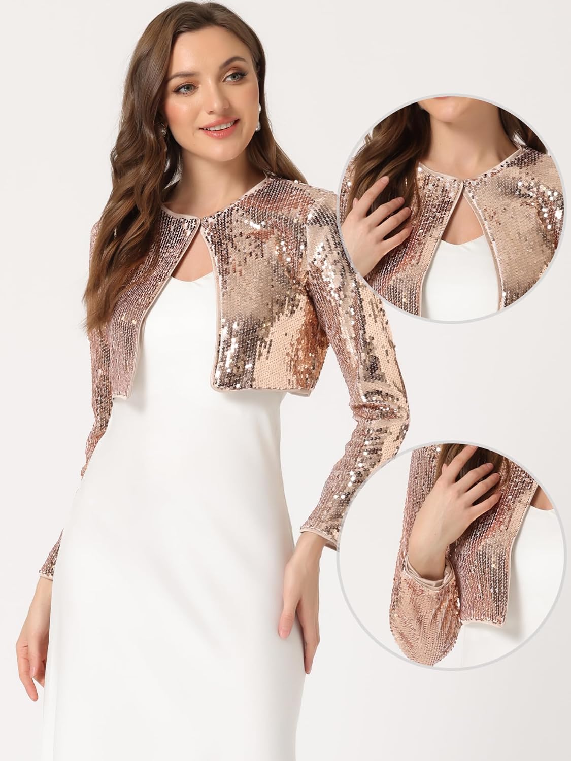 Allegra K Sequin Bolero Shrugs for Women's Slim Fit Christmas Party Club Collarless Sparkly Crop Jackets - Image 2