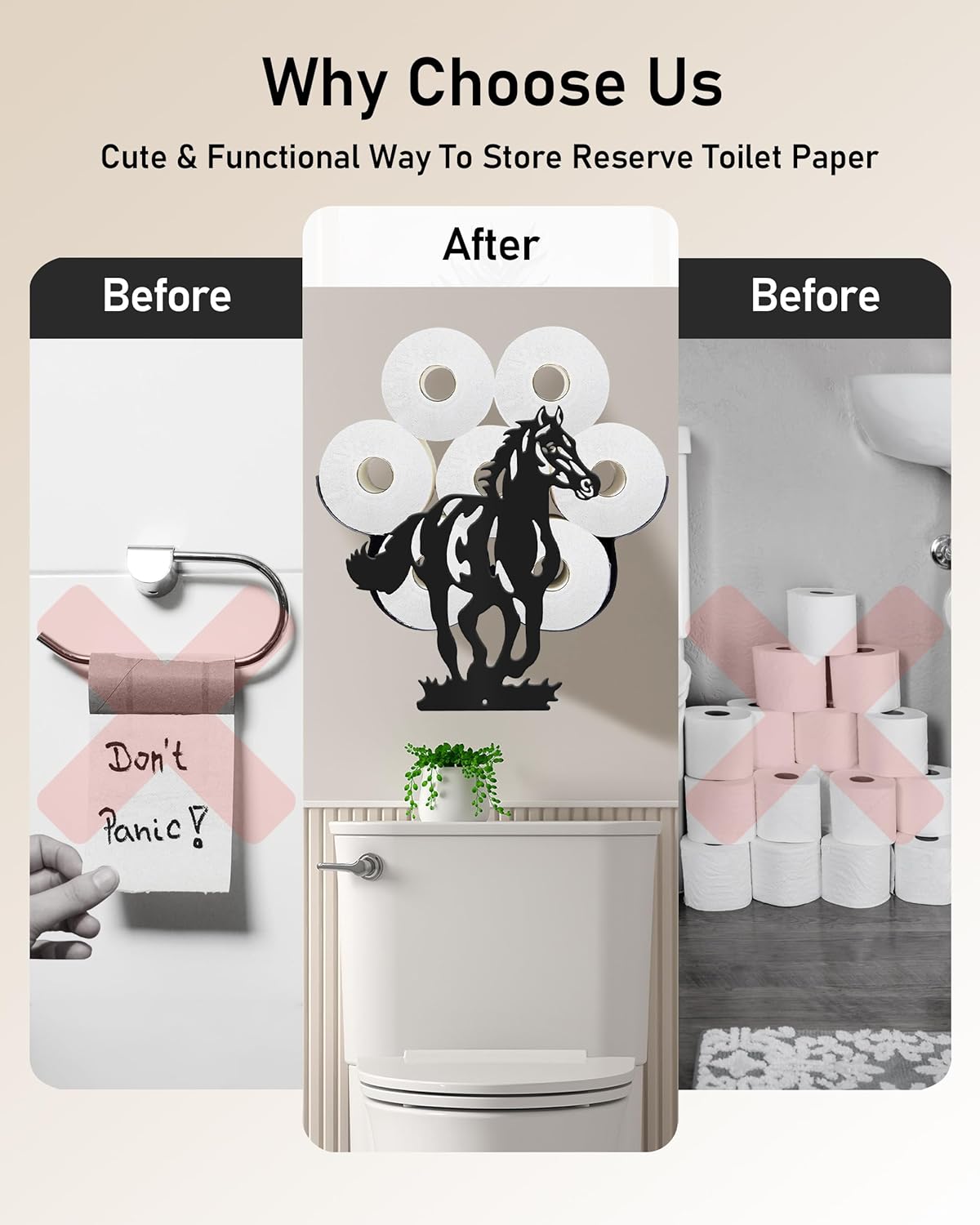 Western Horse Toilet Paper Holder for Extra 8 Rolls, Unique Decorative Toilet Paper Storage Wall Mounted, Farmhouse Bathroom Animal Decor Accessories Storage Cabinet