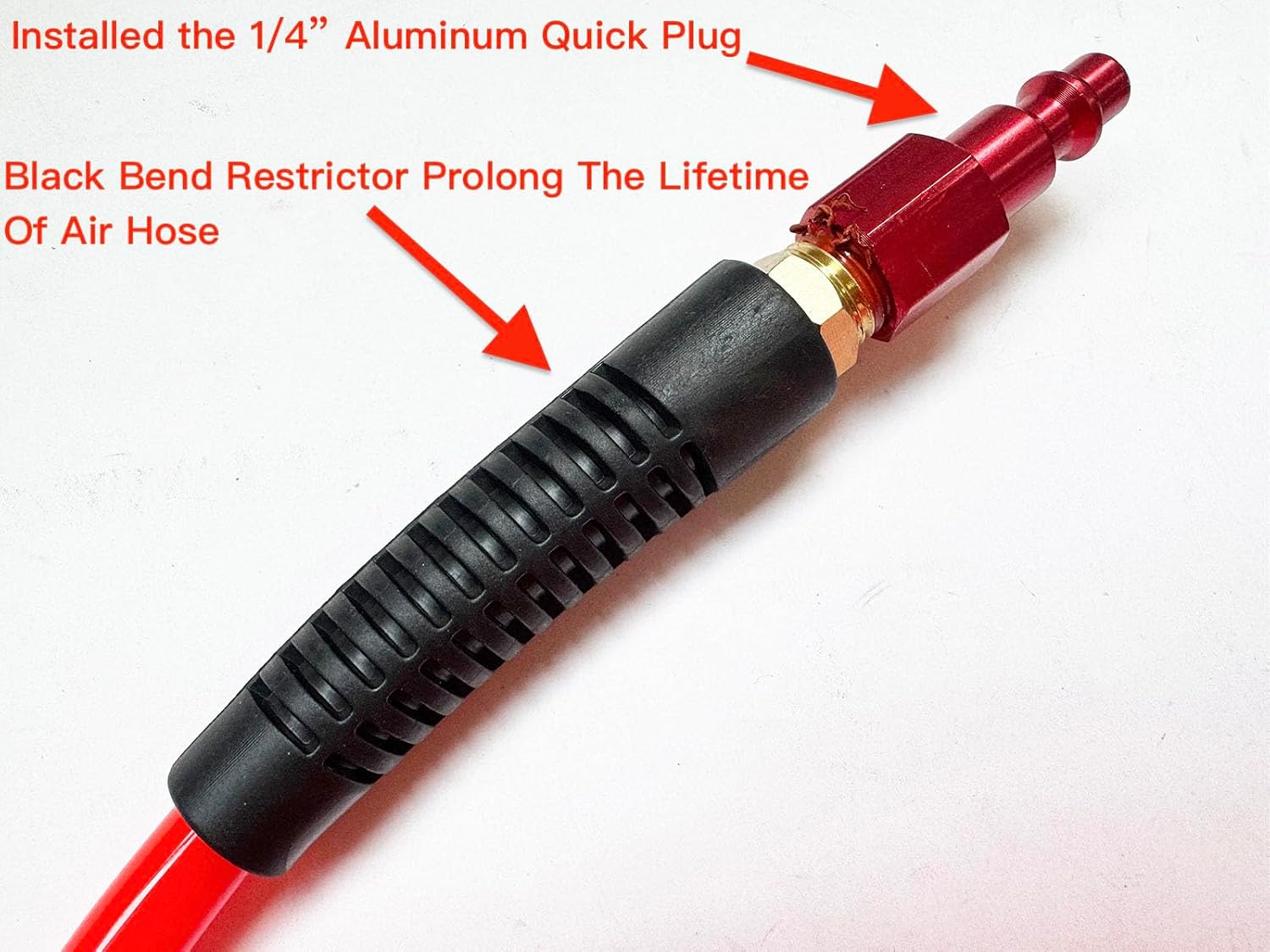 SANFU (PU) Polyurethane Recoil Air Hose 1/4”ID x 25ft With Bend Restrictor, 1/4” Industrial Aluminum 3IN1 Quick Coupler and Plug, 2-Pack, Red