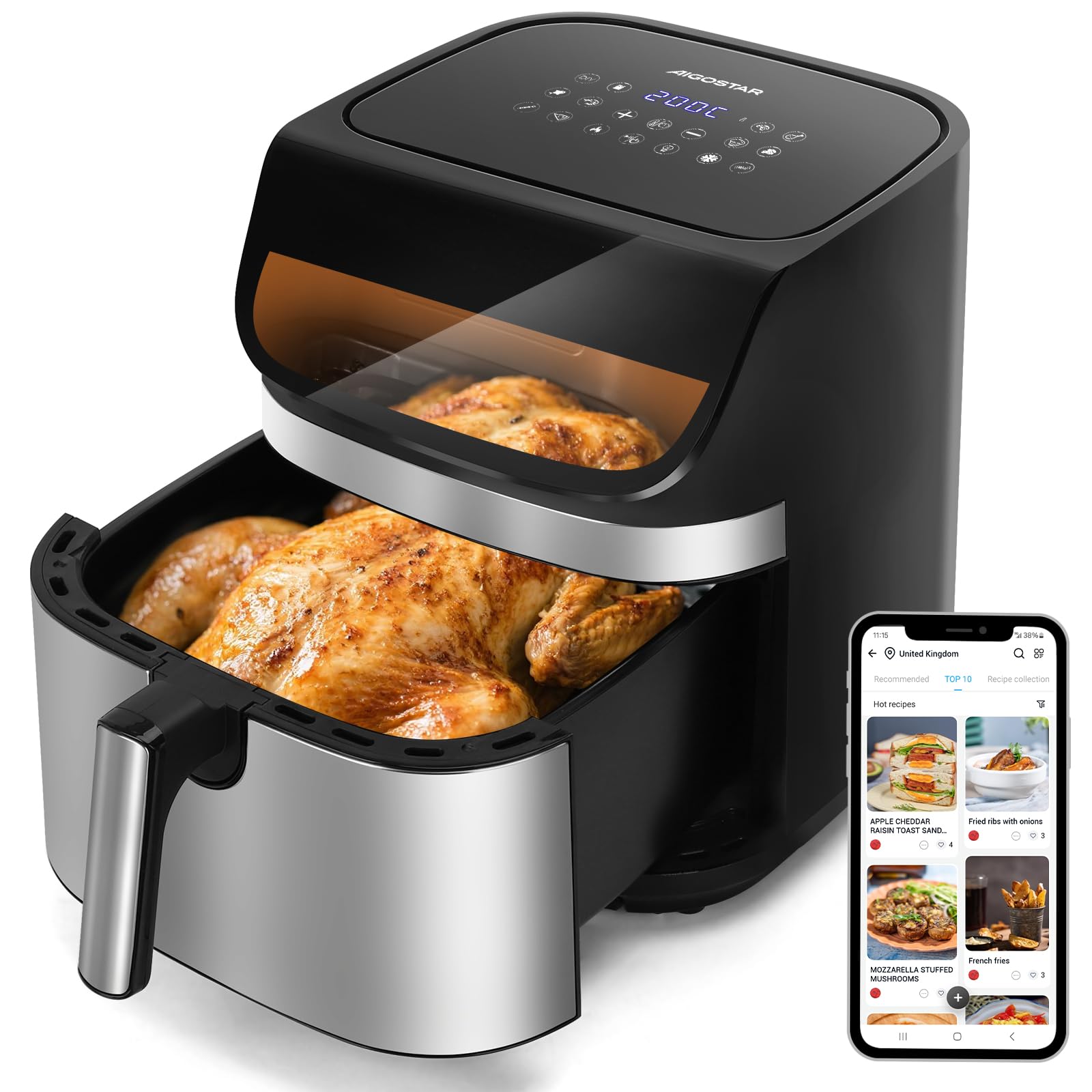 Aigostar Freidora de Aire XXL 8.8L, Air Fryer 2200W, Doble Resistencia, 55% Menos Energía, freidora aire con 13 Programas, Acero Inox Interior, Pantalla Táctil y Ventana, Comunidad Recetas, Negro