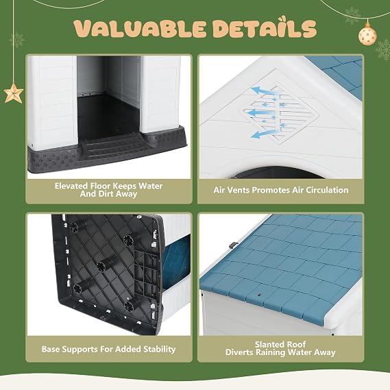 Large Plastic Dog House, Dog Kennel Outdoor Waterproof Doghouse Casas para Perros, Puppy Shelter Elevated Floor and Air Vents Igloo Dog House, for Small Medium Large Dogs Outdoor Indoor, Blue